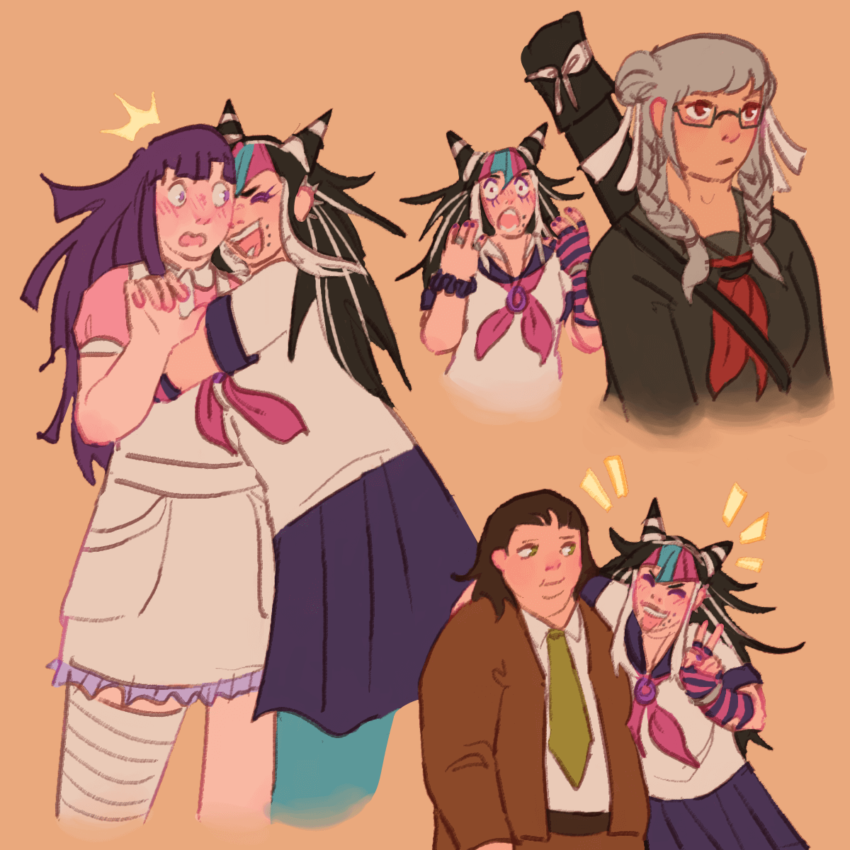 several drawings of ibuki. in the first, she is hugging mikan, who seems surprised and
		somewhat embarrassed. in the second, she is admiring peko while peko is looking somewhere else. in the third, she has
		an arm slung over imposter's shoulder with both of them smiling.