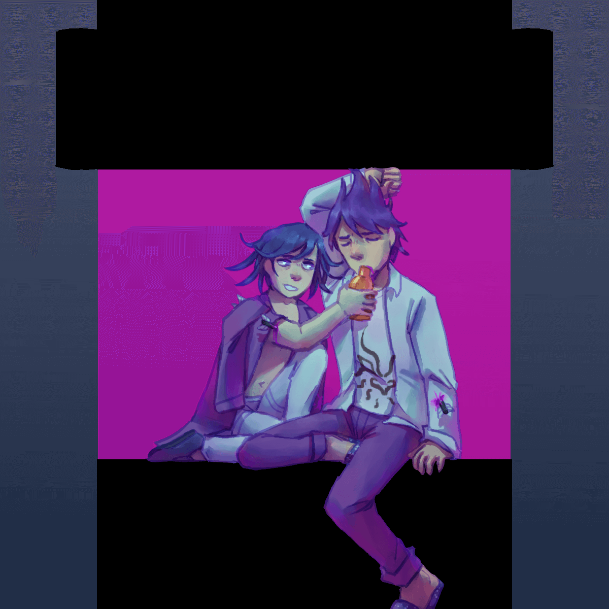 a drawing of kokichi and kaito sitting on a silhouette of the press. kaito is 
		holding up the top of the press with his arm. kokichi is wearing kaito's jacket and giving him the antidote.
