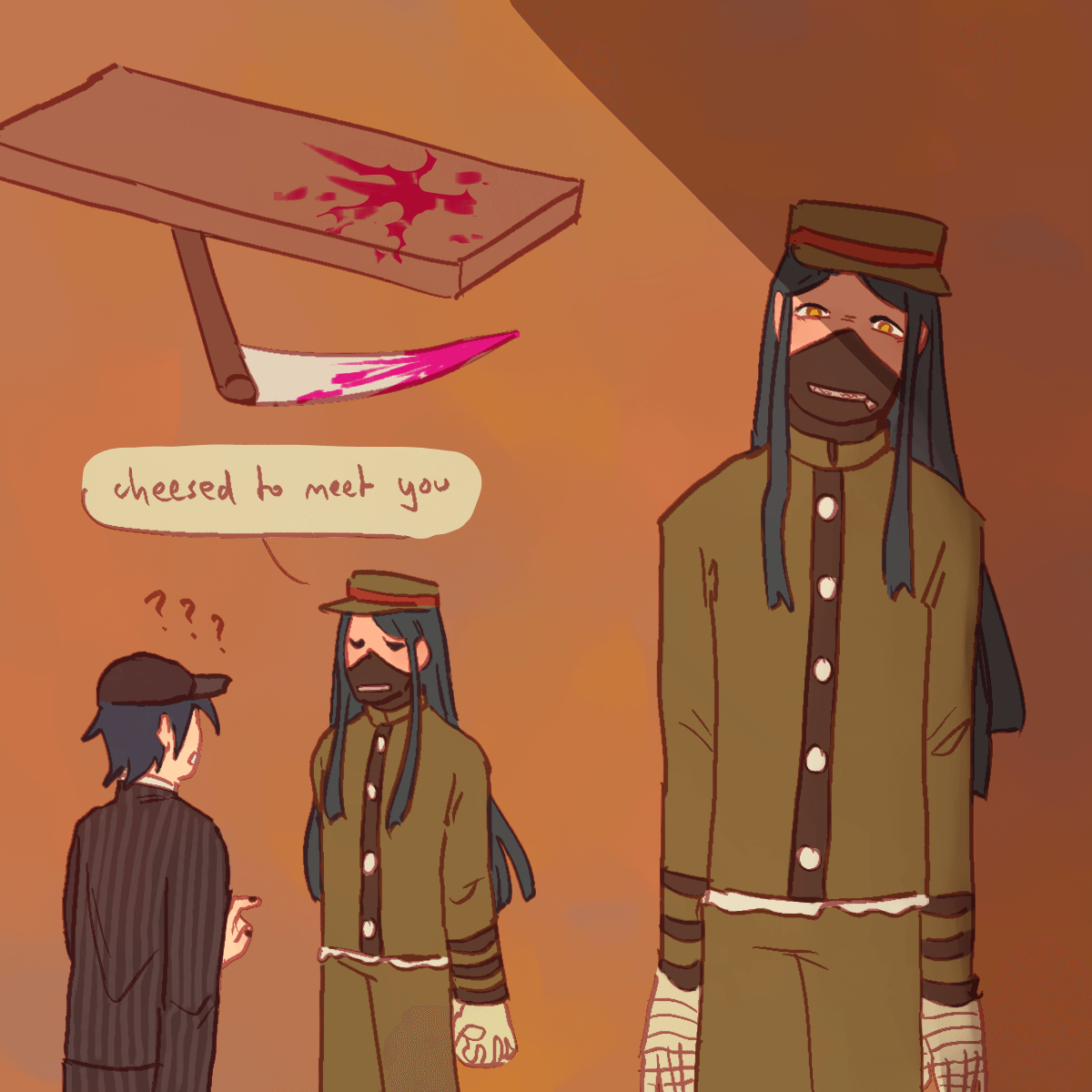 several drawings of korekiyo and other things. the first one shows a floorboard and
		a sickle. both have bloodstains on them. in the second one he tells shuichi 'cheesed to meet you'. in the third one he
		stares at the viewer unsettlingly.