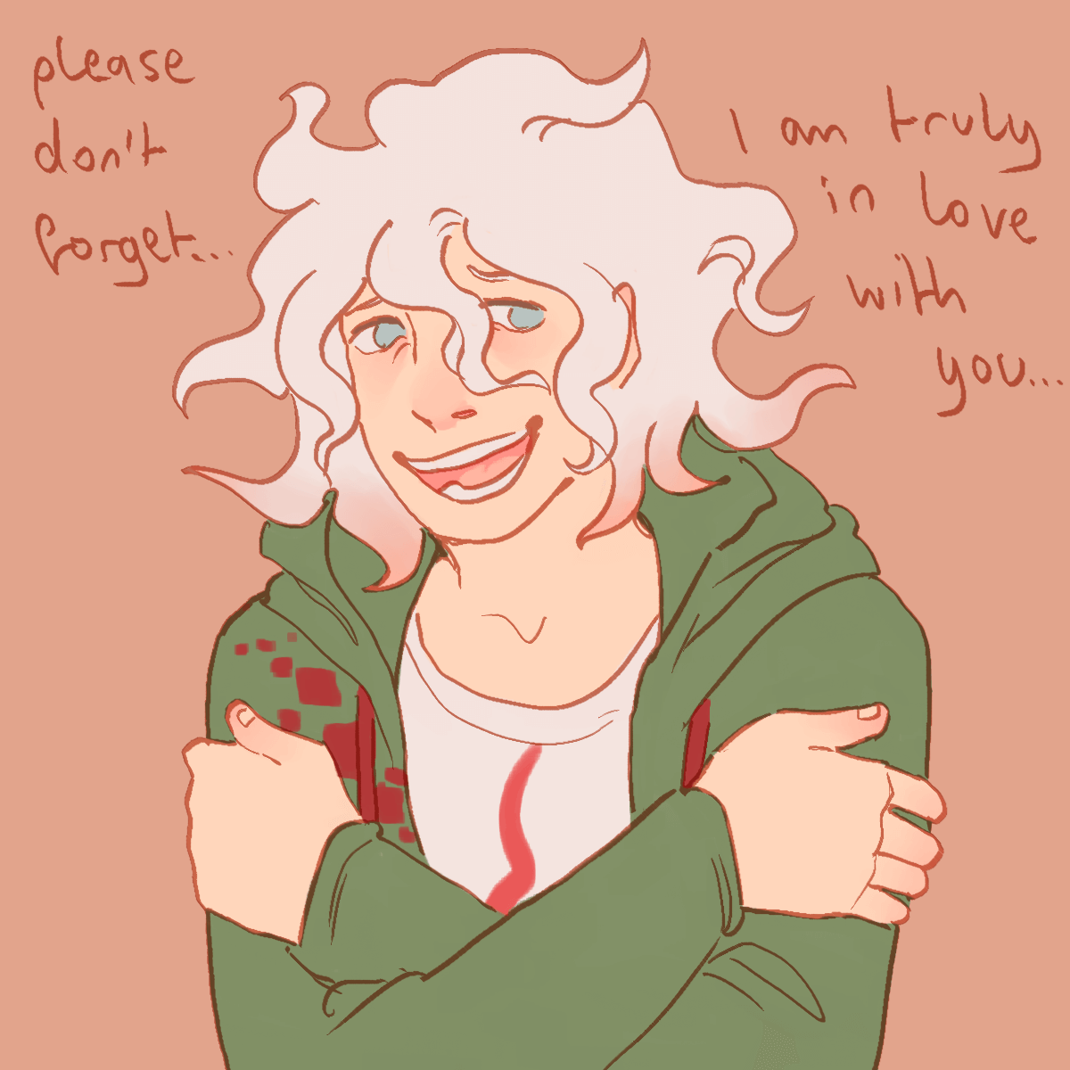 a drawing of nagito's free time event. he is saying 'please don't forget, I am
		truly in love with you..' and trails off.