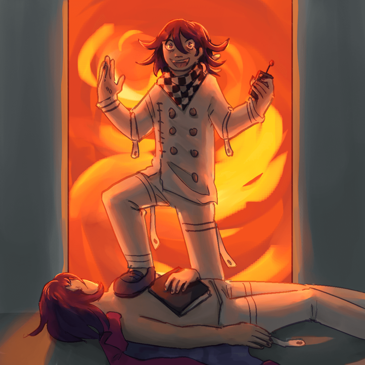 a drawing of kokichi in front of the door in the death road of despair. it is open,
		showing bright orange flames. kokichi is standing on top of himself in an 'I win' pose. his eyes are wild and he is
		holding the exisal remote. the kokichi on the floor is the one from chapter five. he is wearing kaito's jacket instead
		of his shirt and is clutching the script he wrote for kaito. his face is turned away from the viewer.