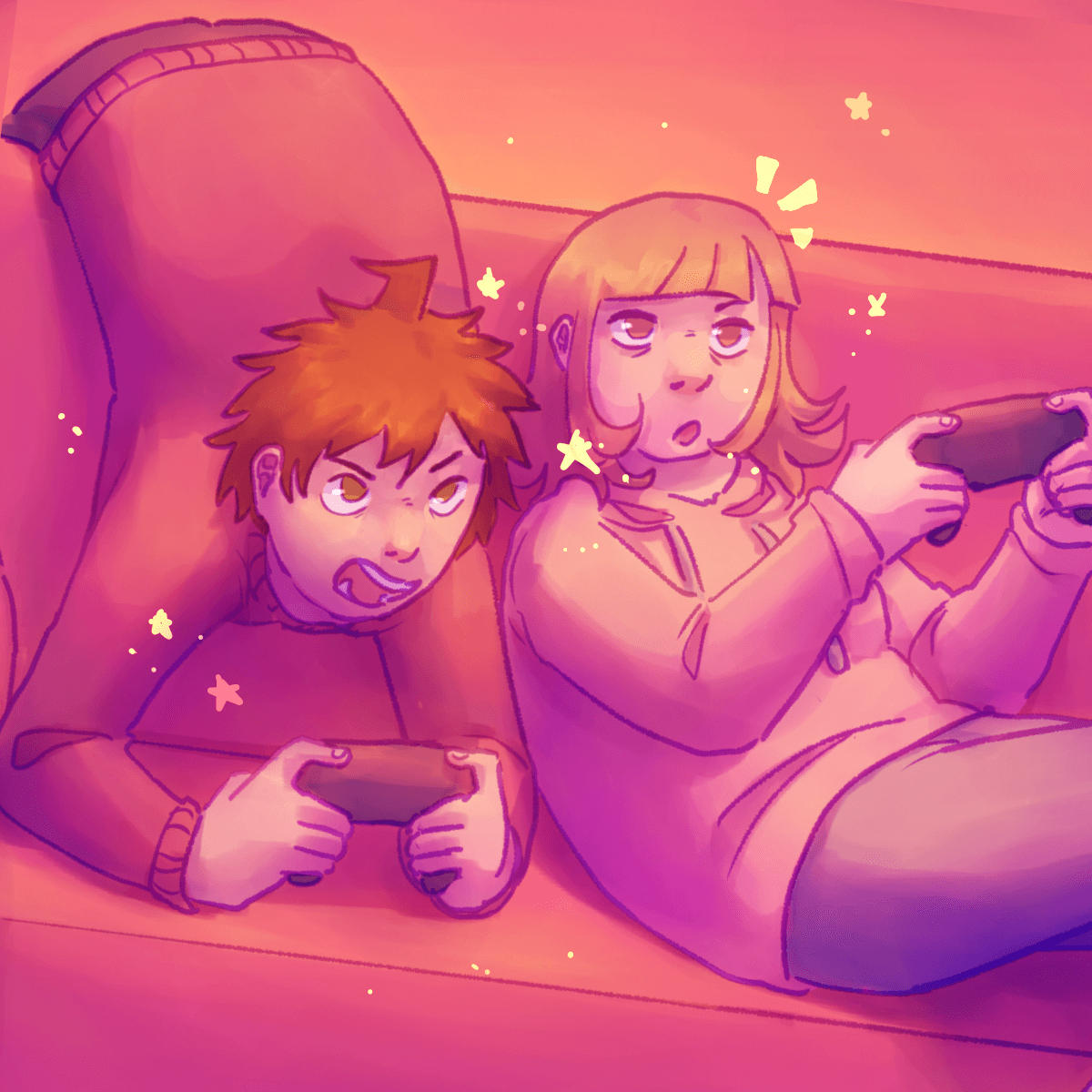 a drawing of hajime and chiaki on a couch, with chiaki sitting on it and hajime slung
		over the back. both of them are holding controllers and seem to be intensely focused on a game. doodled stars and
		sparkles float around them.