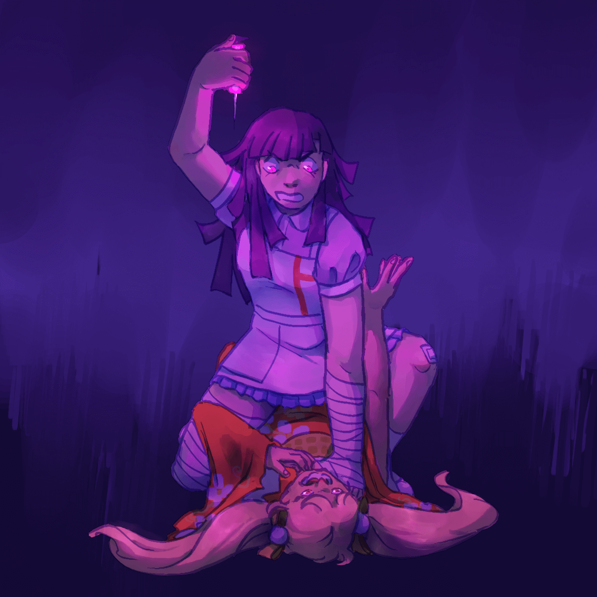 a drawing of mikan and hiyoko. hiyoko is reaching up at mikan, who is pinning her
		down by the neck with one hand and raising a syringe with the other. the syringe glows magenta