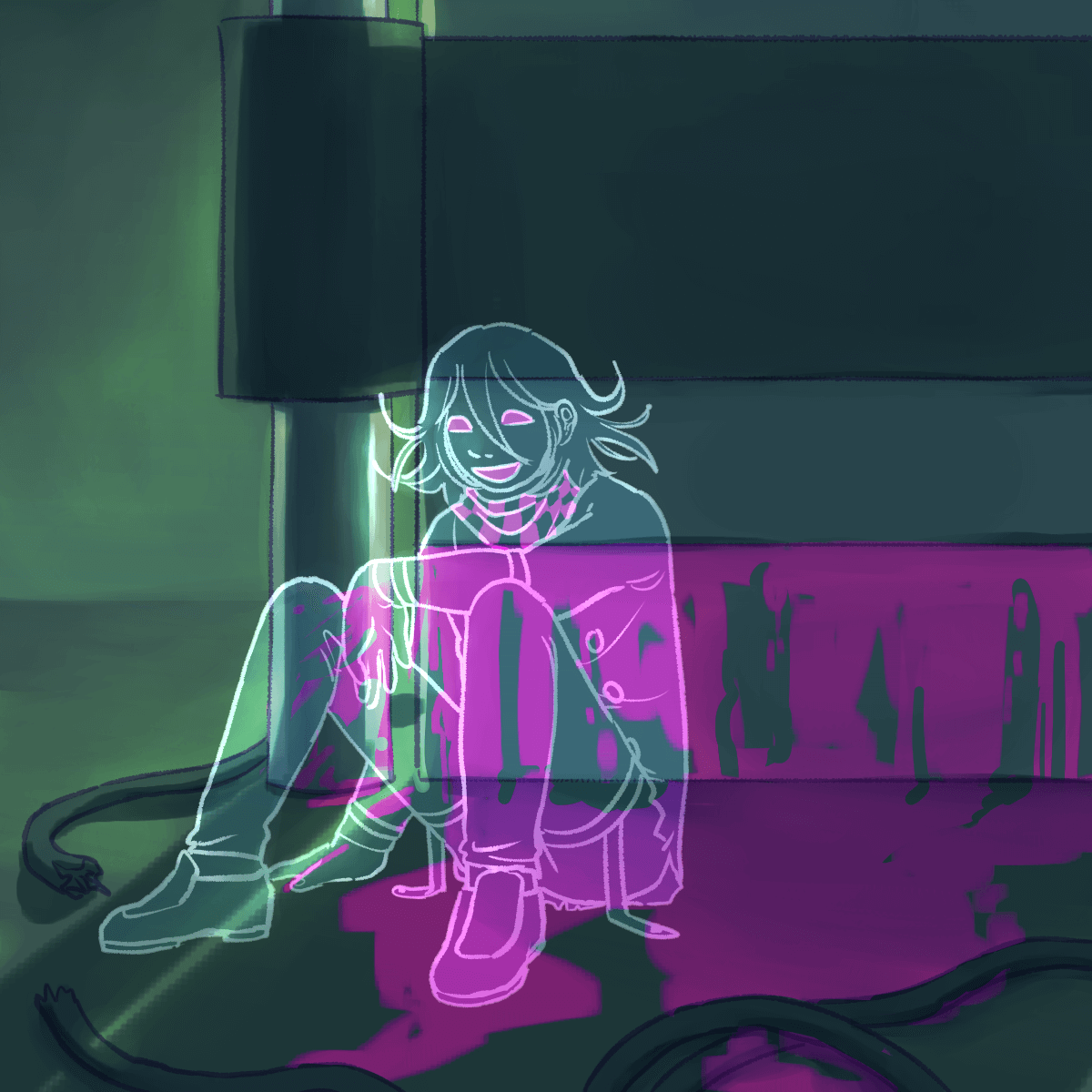 a drawing of kokichi as a ghost. he is leaning against the hydraulic press as
		blood leaks from it