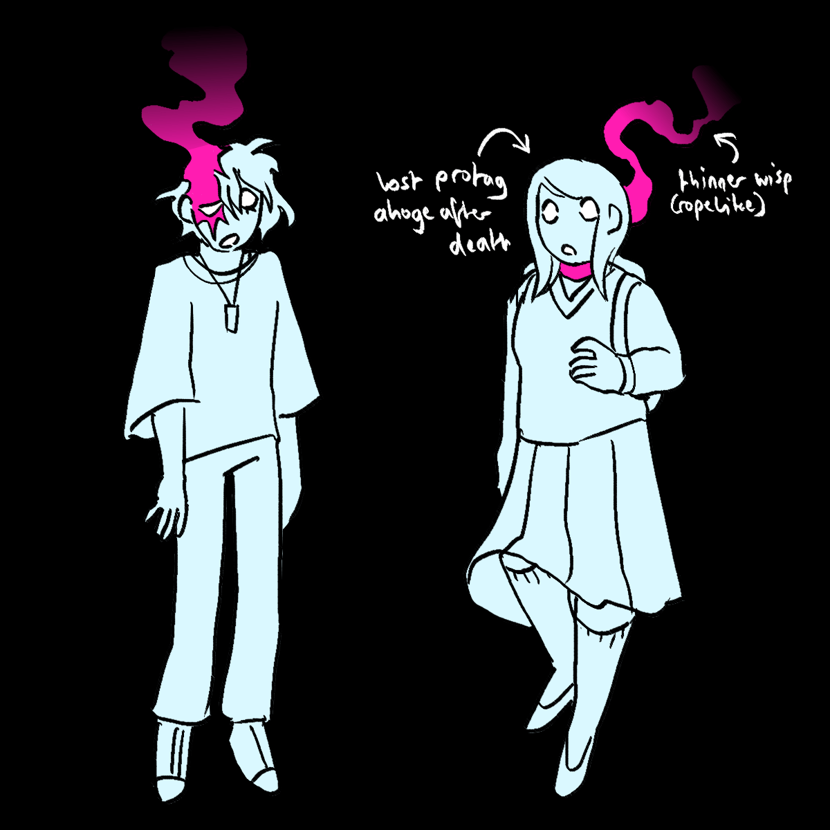 a drawing of rantaro and kaede as ghosts. they are both pale blue with magenta
		wisps representing their fatal wounds. one arrow points at kaede's head saying 'lost protag ahoge after death', and
		another points at her wisp saying 'thinner wisp (ropelike)'