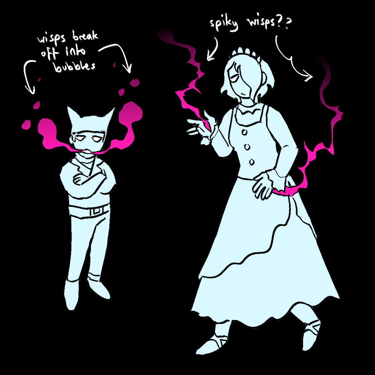 a drawing of ryoma and kirumi as ghosts. arrows point at ryoma's wisps pouring from
		his mouth with the text 'wisps break off into bubbles'. arrows point at kirumi's wisps coming from cuts in her hands
		with the text 'spiky wisps??'.