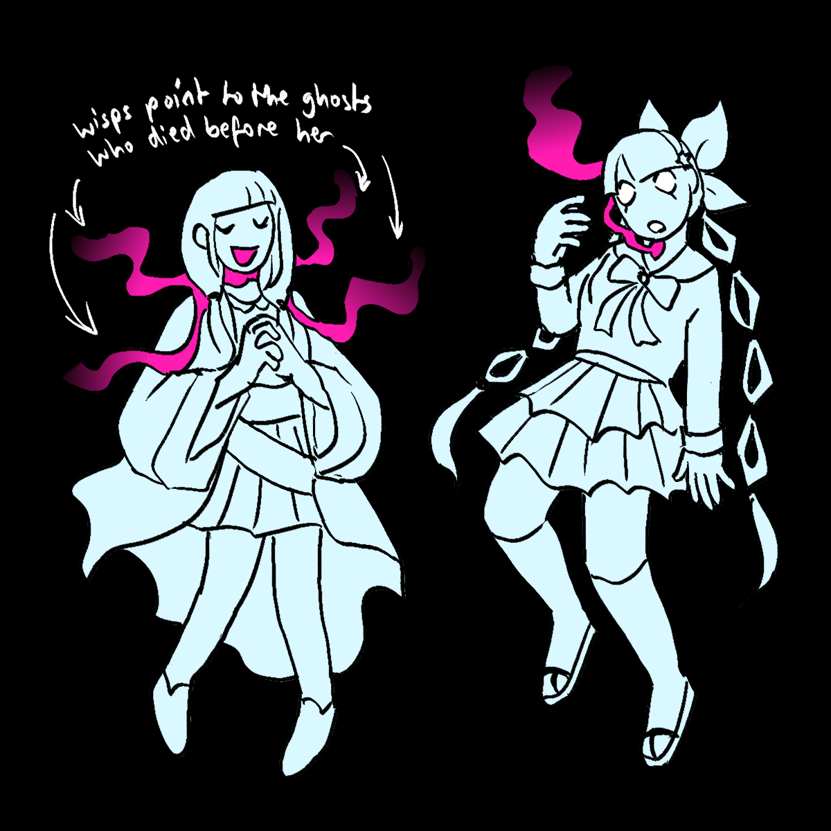 a drawing of angie and tenko as ghosts. angie has four wisps coming from her neck
		with arrows pointing to them saying 'wisps point to the ghosts who died before her'.