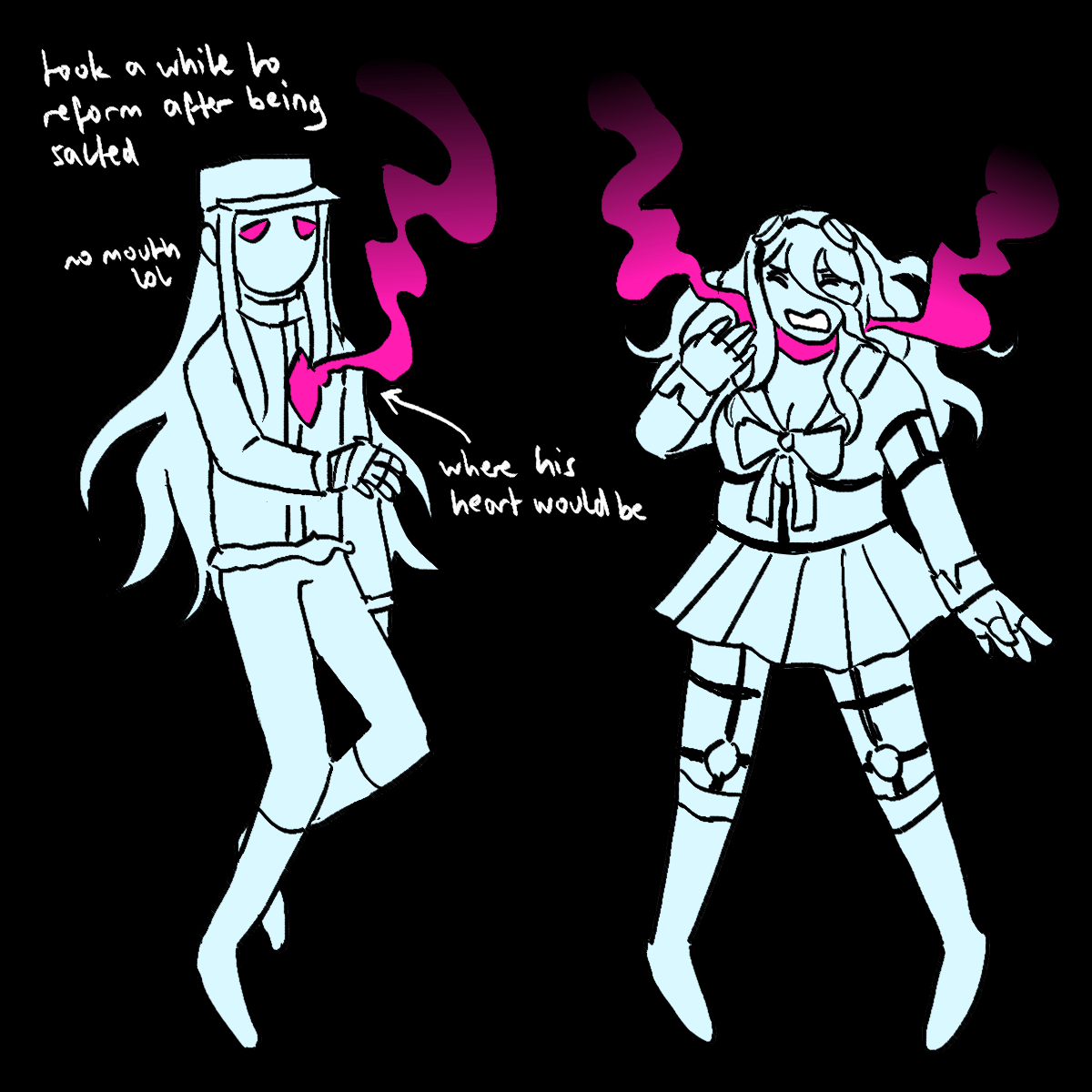 a drawing of korekiyo and miu as ghosts. korekiyo has text next to him saying 'took
		a while to reform after being salted' and 'no mouth lol'. an arrow pointing at his wisp says 'where his heart would be'.