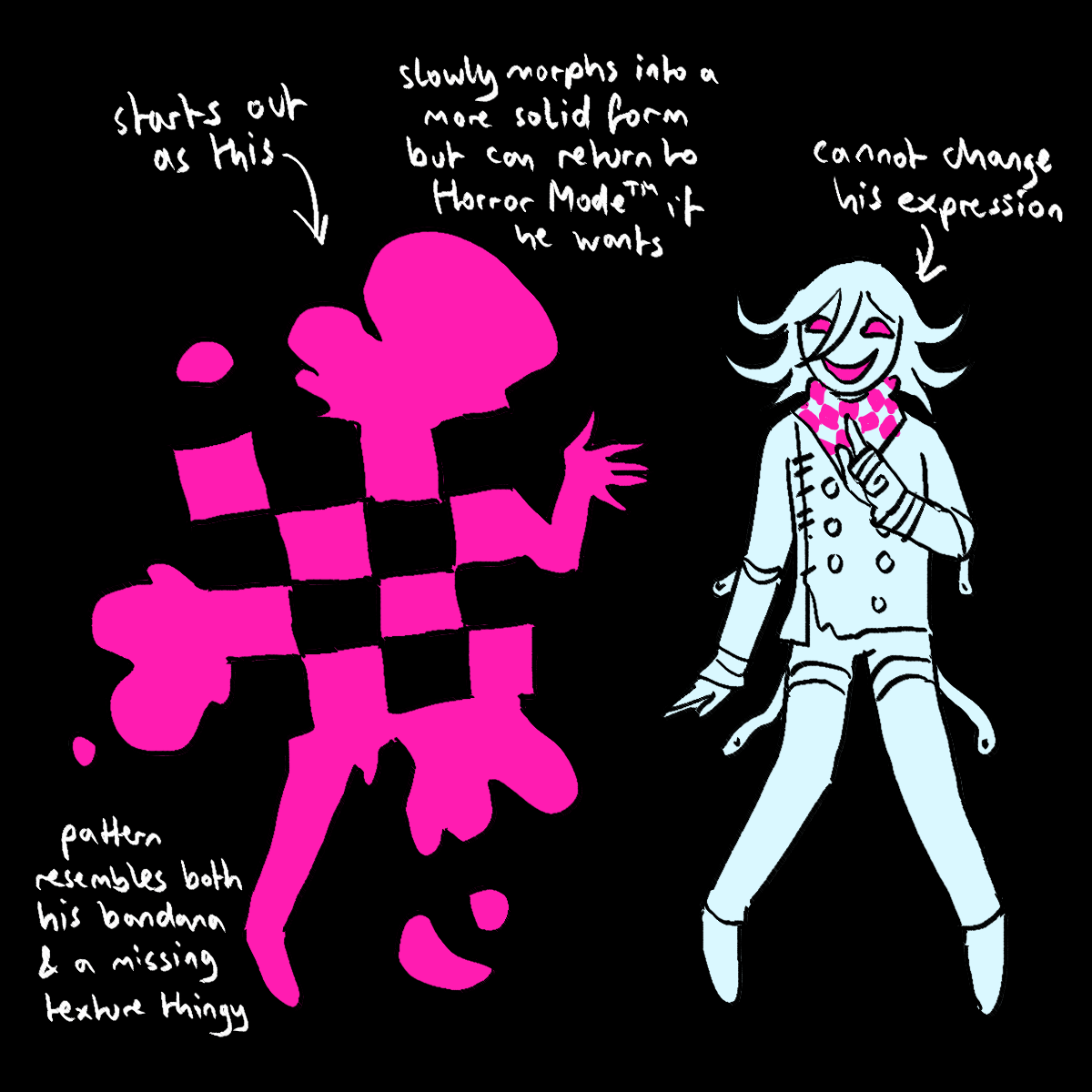 a drawing of kokichi as a ghost, once in his normal form and once as a splattered
		mess with a magenta-and-black checker pattern in the middle. text next to it says 'starts out as this' and 'slowly
		morphs into a more solid form but can return to Horror Mode TM if he wants' and 'pattern resembles both his bandana
		and a missing texture thingy'. an arrow pointing at his normal form says 'cannot change his expression'. his normal
		form bears a mask-like grin.