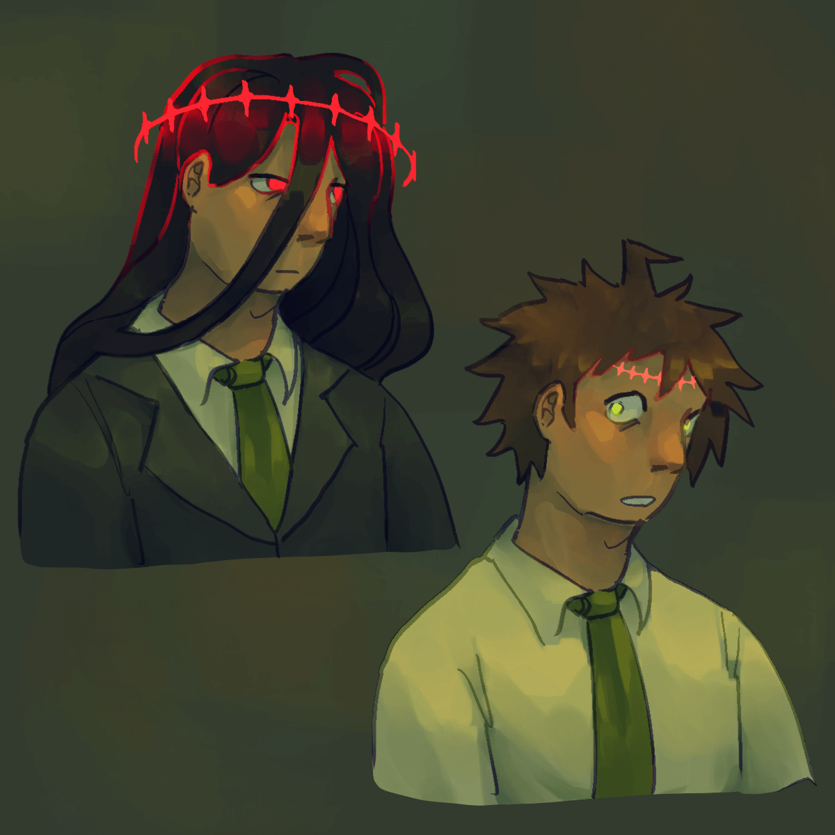 a drawing of izuru and of hajime, both in the same pose but with different
		expressions. izuru looks bored and around his head is a spiked halo casting red lighting. hajime looks uneasy and has
		a scar around his head in stark pink. its shape matches that of the halo.