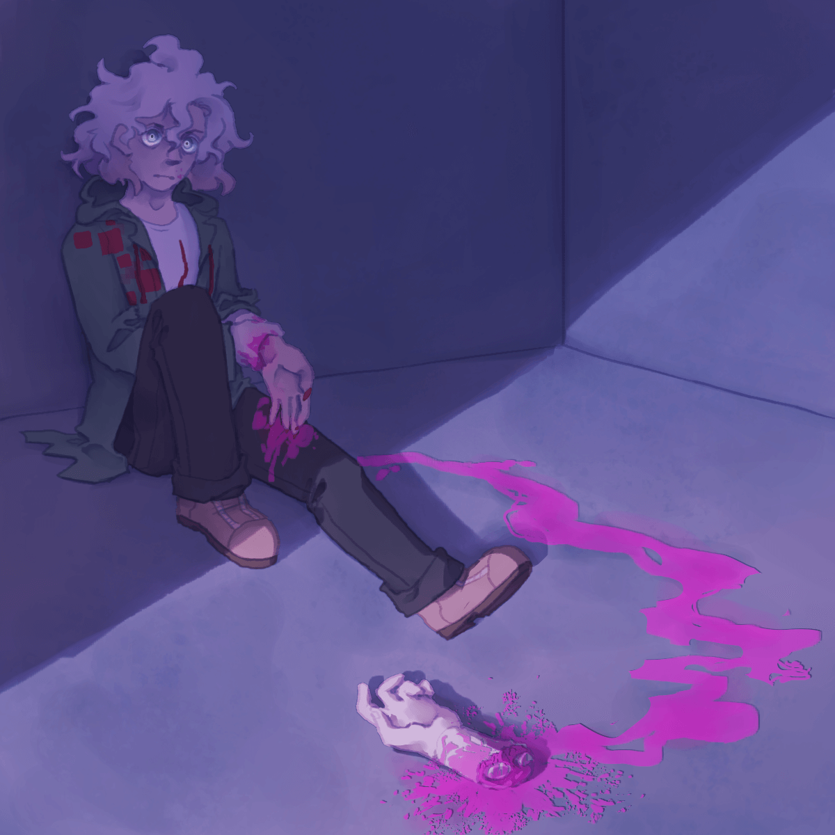 a drawing of nagito. he is sitting in a dark bare room, clutching junko's hand
		attached to his arm. a trail of blood leads to his own severed hand lying on the floor.