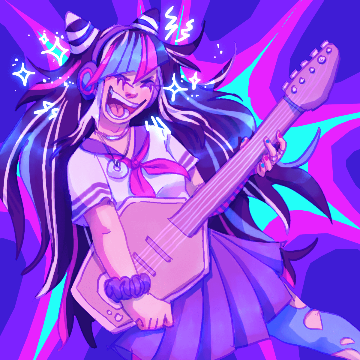 a drawing of ibuki strumming her guitar and singing loudly. the background looks like
		a colorful explosion. there are doodles of sparkles and lightning bolts floating around her face