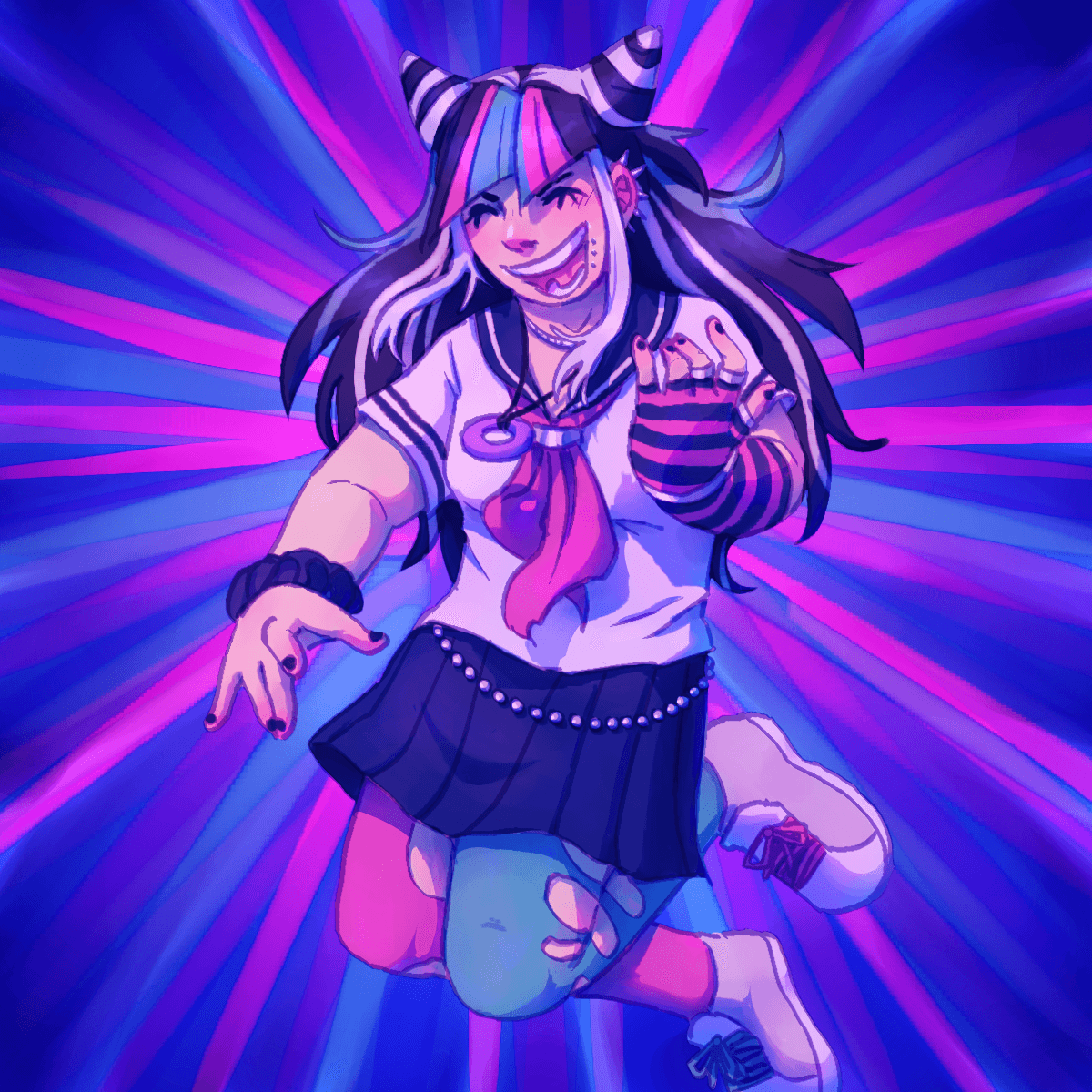 a drawing of ibuki jumping while playing air guitar. the background is a star of
		pinks and blues.