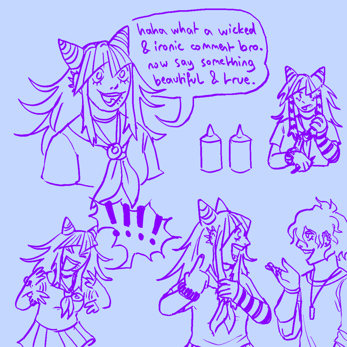 several doodles of ibuki. in the first one she is saying 'haha what a wicked &
		ironic comment bro. now say something beautiful & true. in the second one she is dyeing her hair raccon stripes.
		in the third one she is flapping her arms and screaming excitedly. in the fourth she is talking to rantaro and 
		pointing towards her ear piercings.