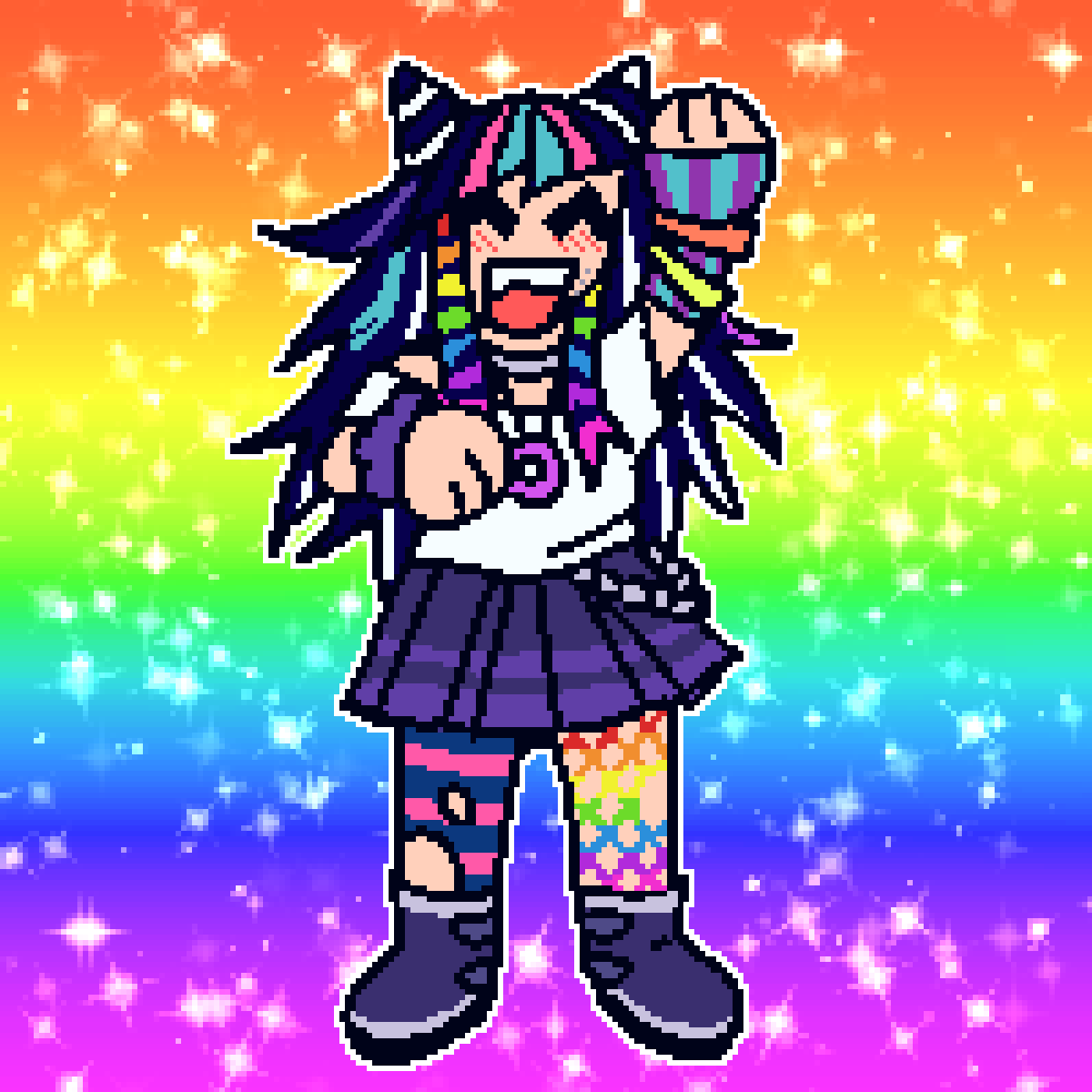 pixel art of ibuki on a rainbow background with sparkles. she has a smiling face and
		is pumping a fist into the air.