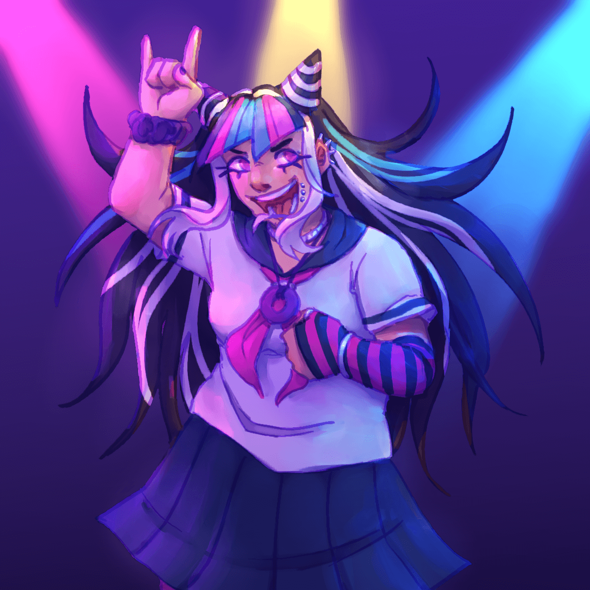 a drawing of ibuki doing a metal hand pose. three spotlights in the colors magenta,
		yellow, and blue shine on her.