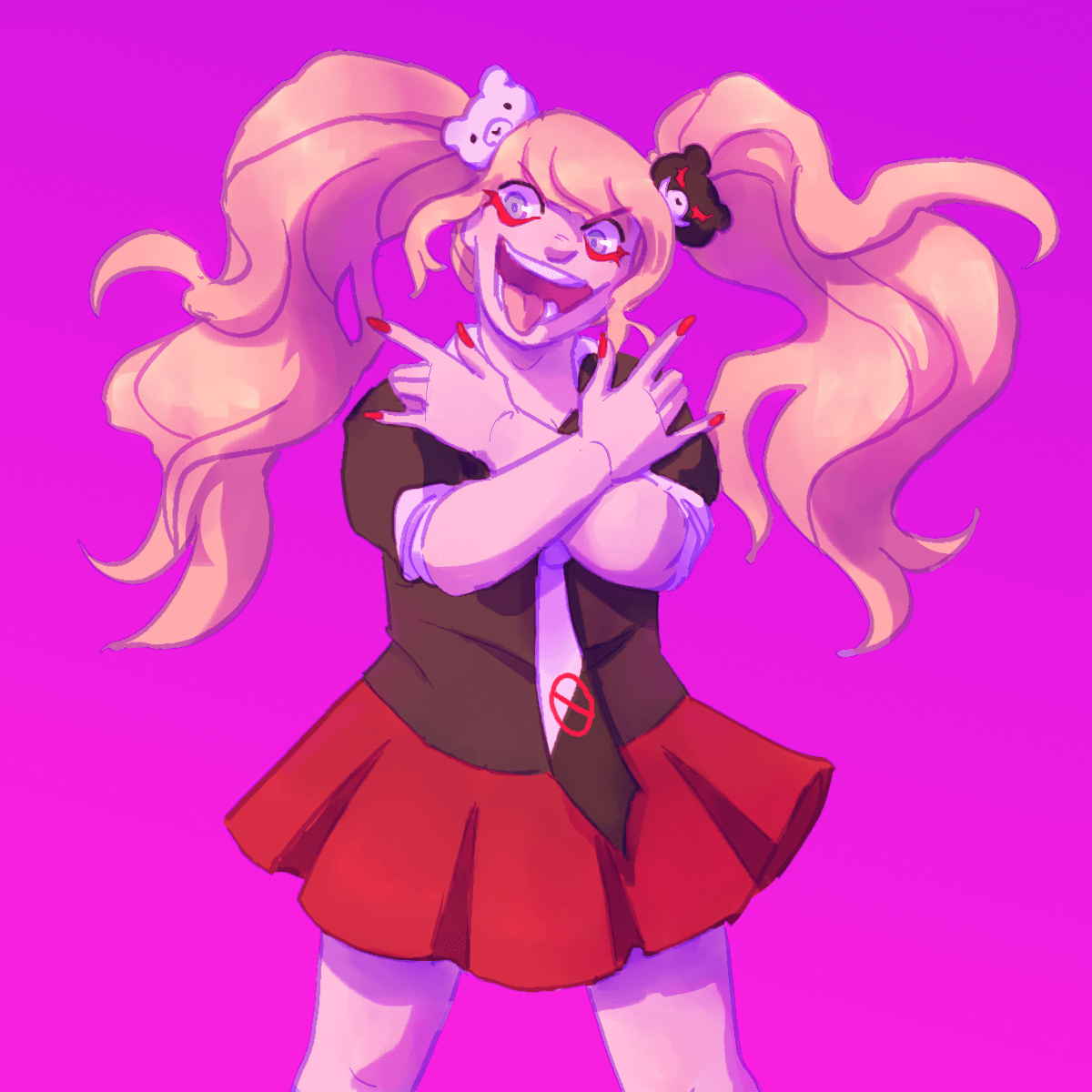 a drawing of junko on a bright magenta background. she is crossing her arms in an 'x'
		pose and sticking her tongue out.