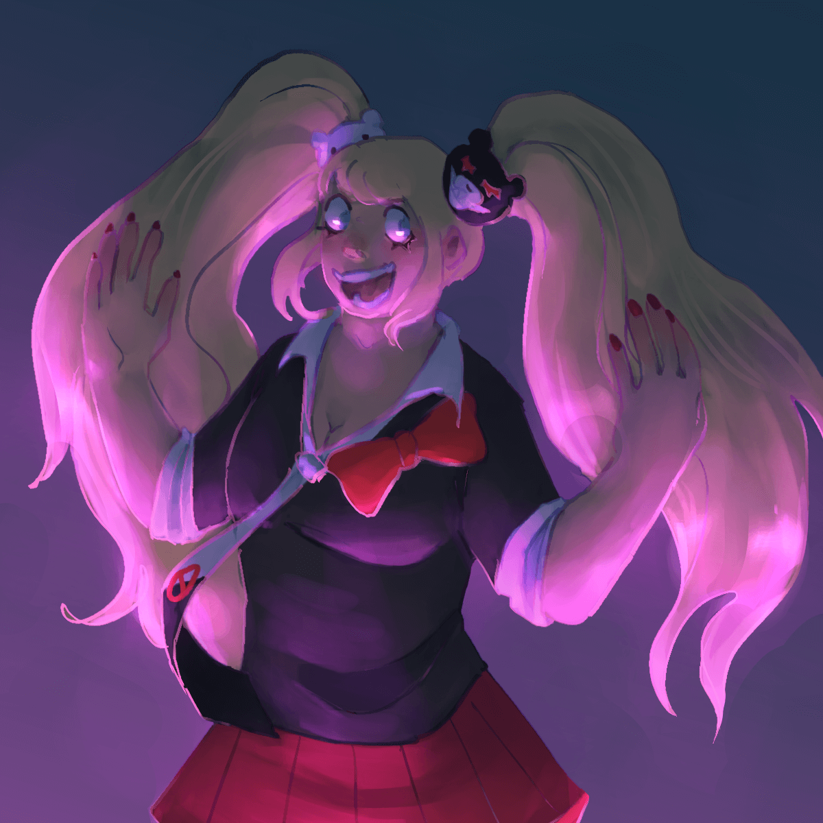 a drawing of junko with her eyes wide and her arms held out in a grand gesture. pink
		light illuminates her from below.