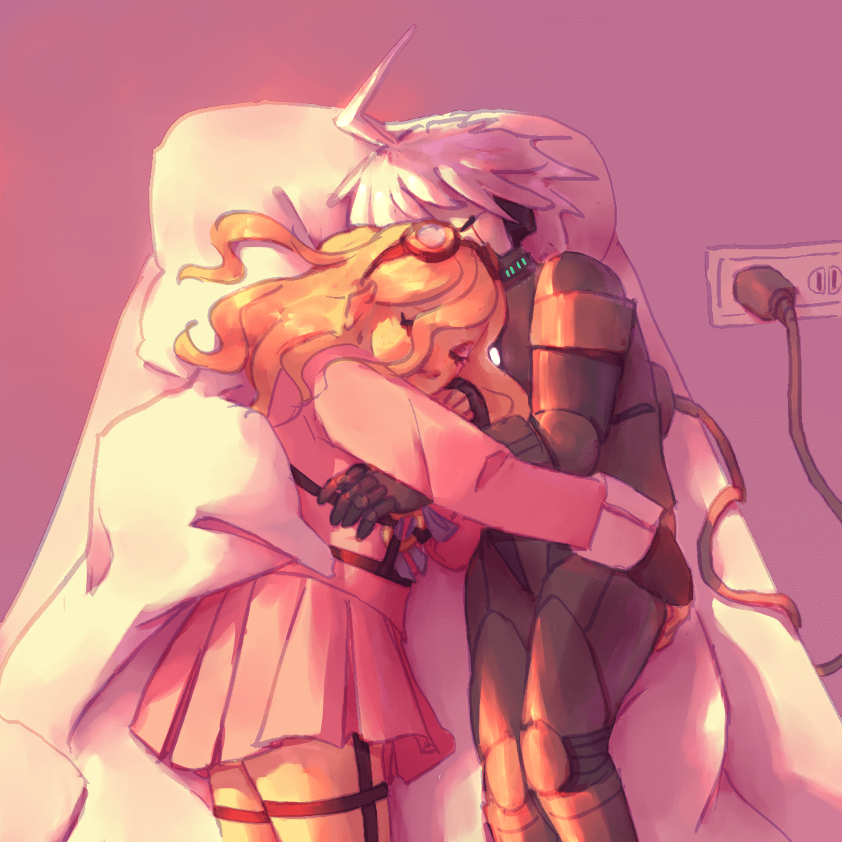 a drawing of miu and kiibo laying in bed together. miu is sleeping and putting her
		head on kiibo's chest, who is charging. the lighting is pink-and-orange, suggesting sunset or sunrise.