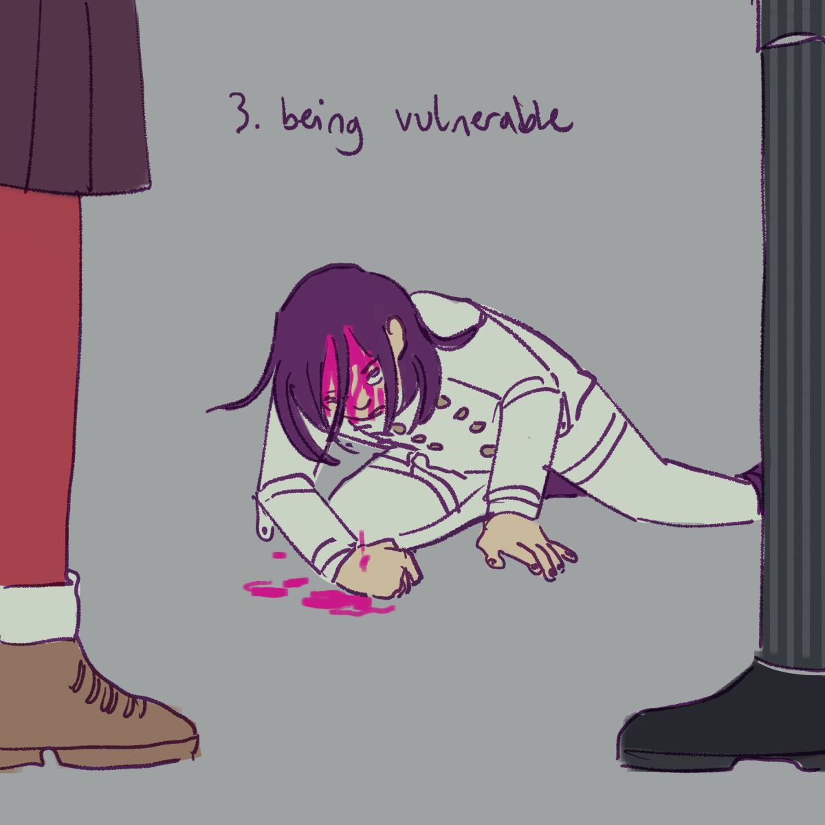 a drawing of kokichi, wounded and on the floor, as maki and shuichi stand in
		front of him with the point '3. being vulnerable'.