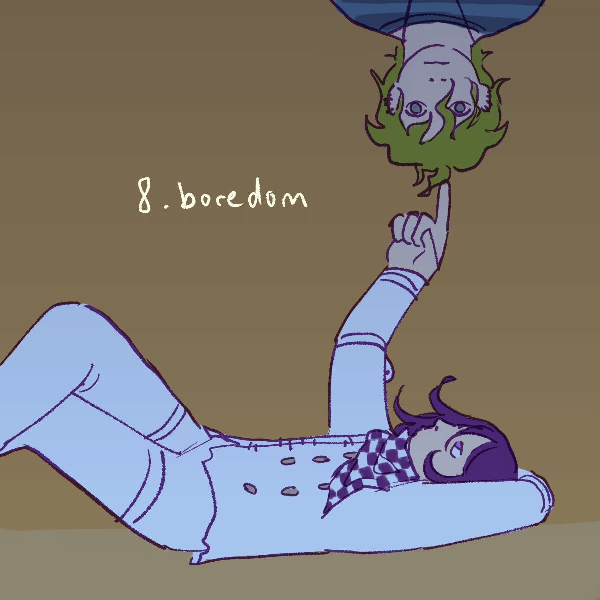 a drawing of kokichi lying on his back and touching the hair of the rantaro
		effigy hanging above him with the point '8. boredom'.