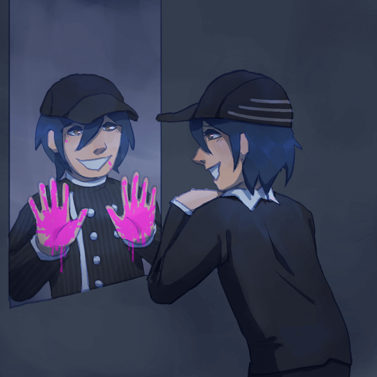 a drawing of pre-game shuichi looking at an imagined version of his in-game self
		in the mirror. both are smiling at each other. in-game shuichi's hands are full of blood.