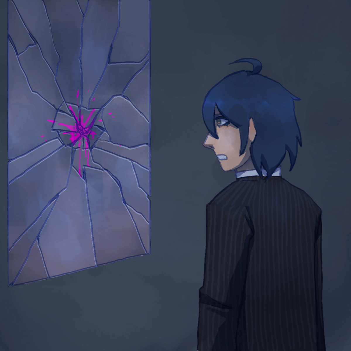 a drawing of post-game shuichi glaring at a shattered mirror with a splatter of
		blood in the center.