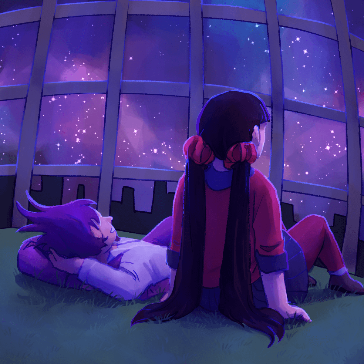 a drawing of kaito and maki sitting together outside of the school and looking 
		at the night sky through the cage bars.