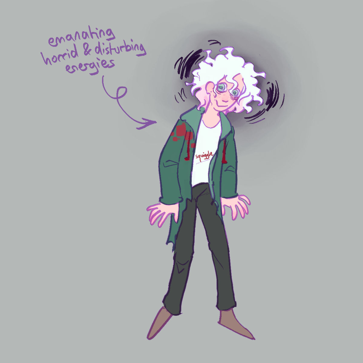 a drawing of nagito standing with an unsettling expression. an arrow points
		towards him with the caption 'emanating horrid & disturbing energies'.
