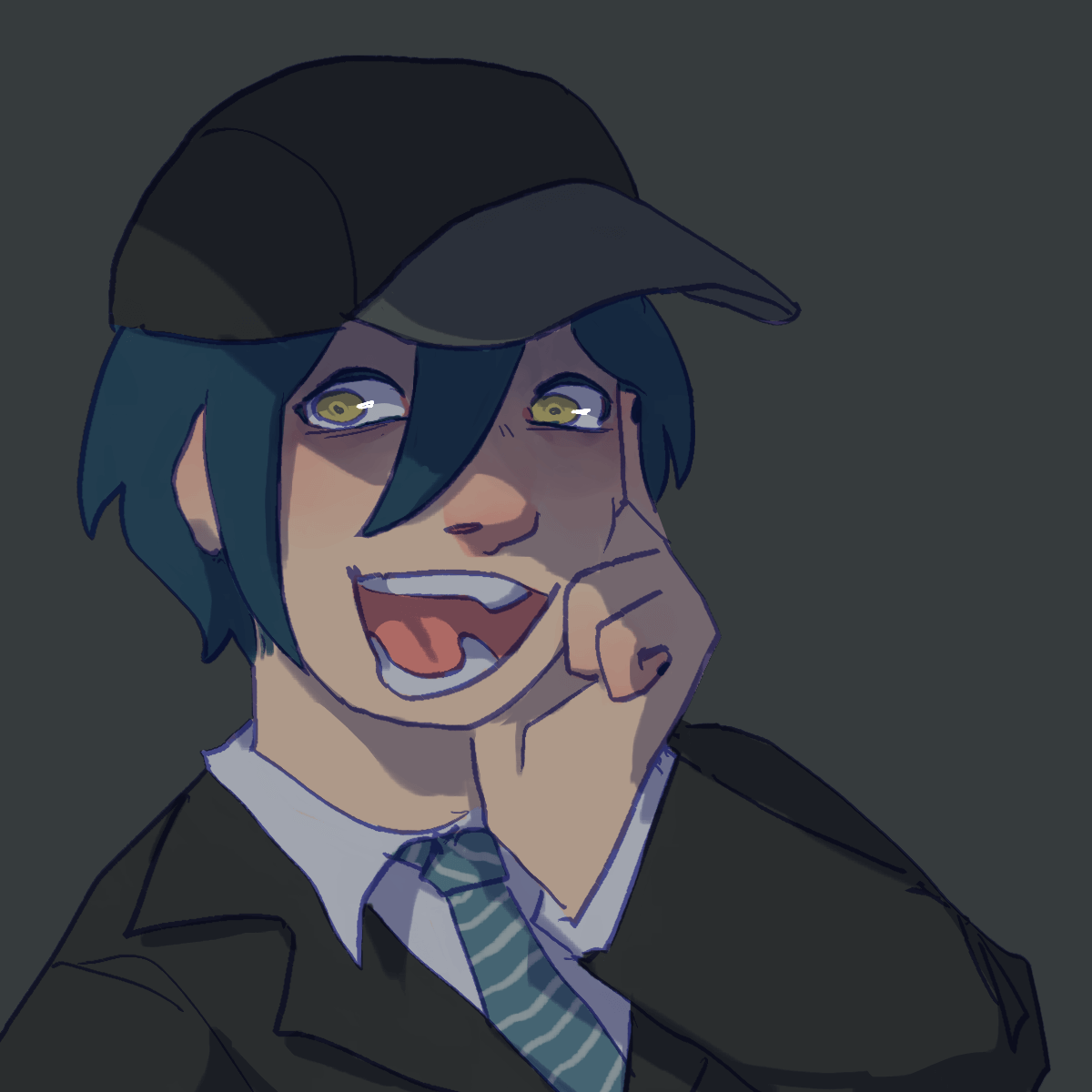 a drawing of pre-game shuichi looking at the viewer with an unsettling smile.