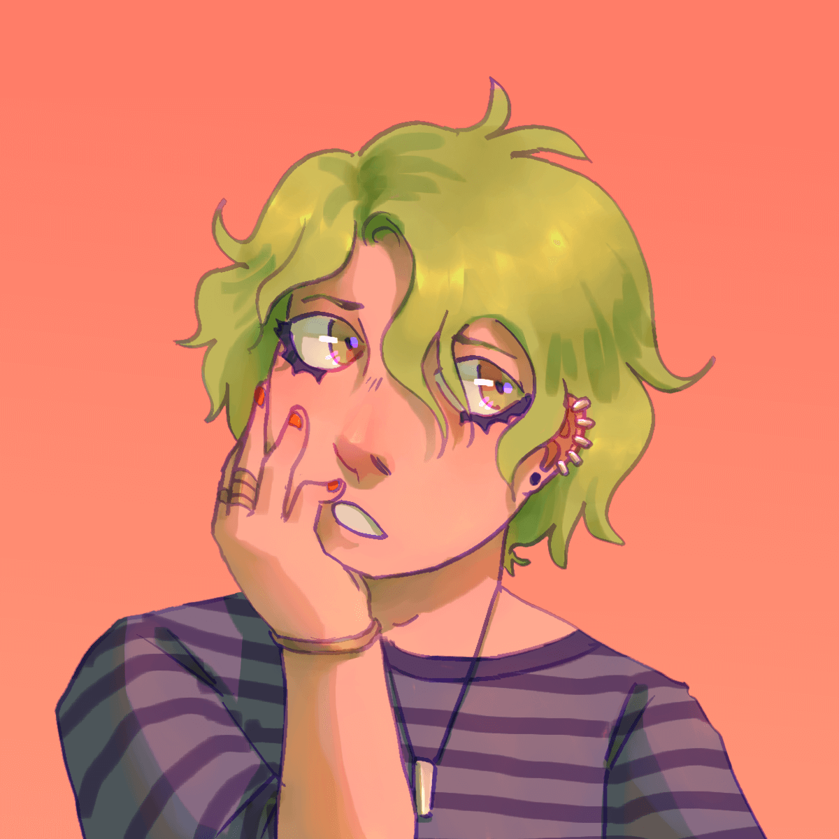 a drawing of rantaro from the shoulders up with his chin on one hand. his eyes
		are green and brown