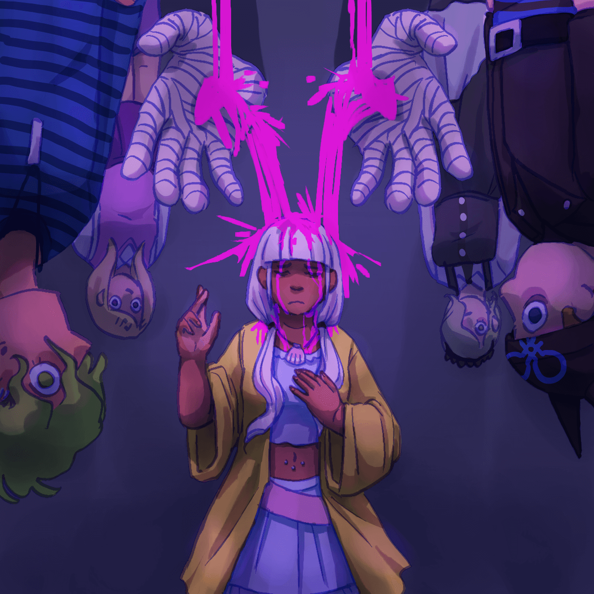 a drawing of angie standing in the jesus pose with a resigned expression. the
		effigies of rantaro, kaede, kirumi, and ryoma hang upside down around her. two large bandaged hands float above her,
		pouring blood onto her head.