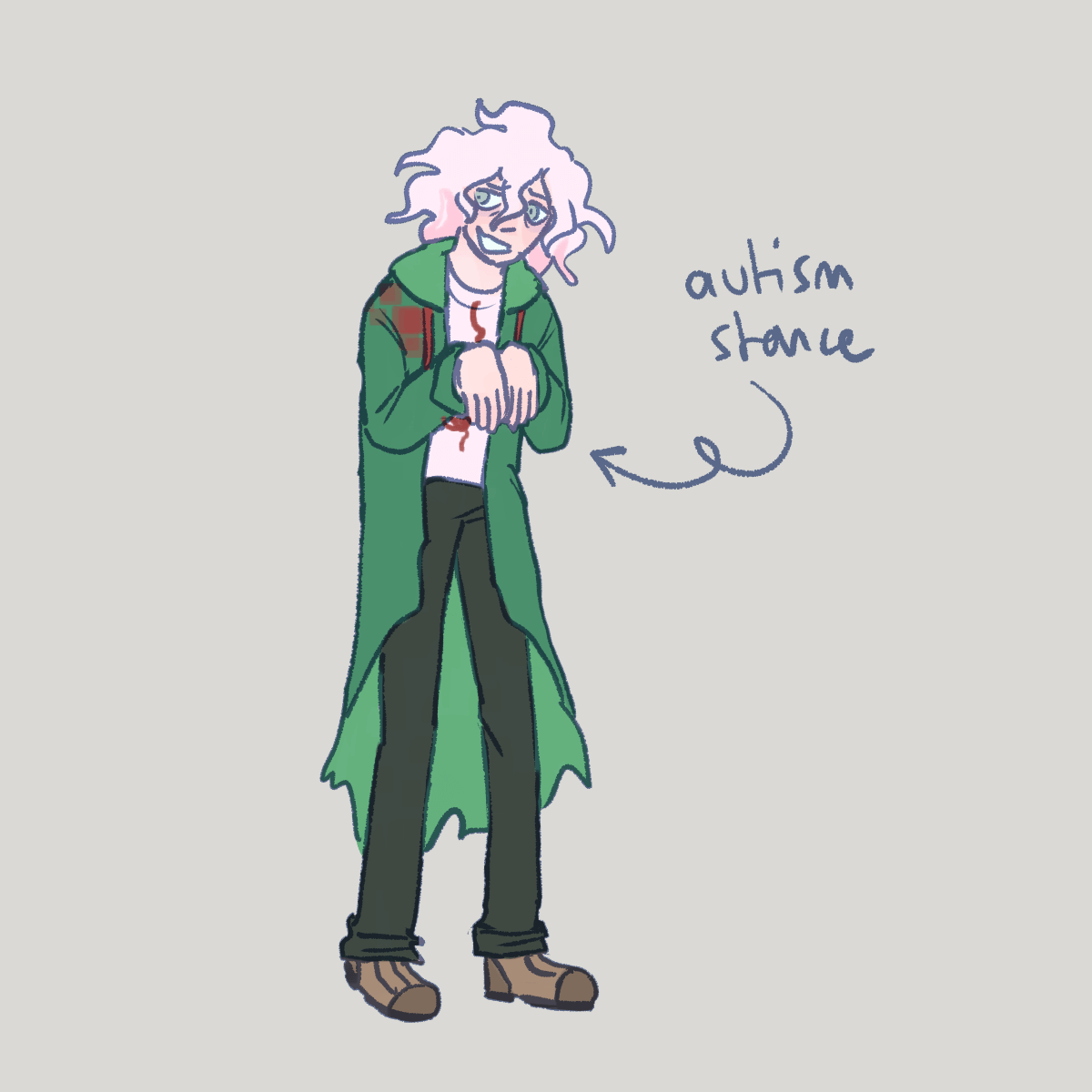 a drawing of nagito standing in a raptor hands pose with an arrow and the 
		caption 'autism hands'.