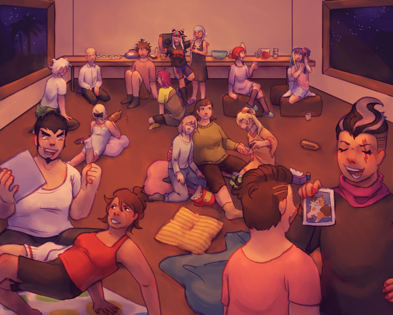 a drawing of class 77-B after the game. they are having a sleepover party and
		everyone is strewn across the room in various small groups. the windows show that it's dark outside and a table at the
		back of the room holds snacks and drinks. nagito, fuyuhiko, hajime, kazuichi, and sonia are sitting in a cirle and 
		playing 'spin the bottle'. ibuki is holding a loudspeaker and has her arm around peko, who is talking to her. mahiru
		and mikan are having a conversation while mikan plays with her hair, which has been done up with various braids and
		streaks. ryota is leaning on imposter, who is getting their nails painted by hiyoko. nekomaru and akane are playing
		twister with nekomaru as the person announcing the poses and akane as the person doing the twisting. gundham is
		proudly showing teruteru a picture of a calico cat.