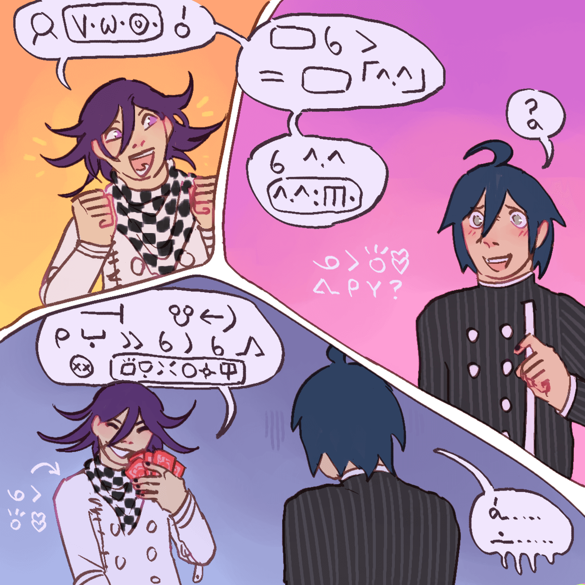 a comic of kokichi and shuichi, written in sitelen pona. kokichi looks excited and
		says 'jan Suwisi o! nimi sina li sama nimi 'suwi'. sina suwi Suwisi!' shuichi looks flustered and says 'a?' and thinks
		'ona li toki olin tawa mi anu seme?' kokichi holds up a card deck and switches to looking mischievious. he says 'tasooo
		musi ni la, mi anpa e sina la, sina kama moli Suwisi!' text next to him says 'ona li toki olin.' shuichi, looking
		dejected, responds 'a... lon...'