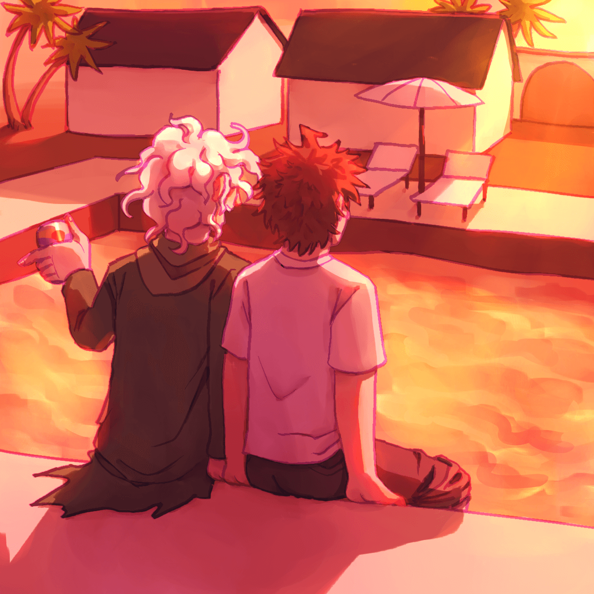 a drawing of nagito and hajime sitting side by side, dangling their legs into the 
		pool at the hotel. buildings and palms can be seen in the background. nagito is holding a can of blue ram and 
		appears to be talking. the whole scene is bathed in sunset lighting.