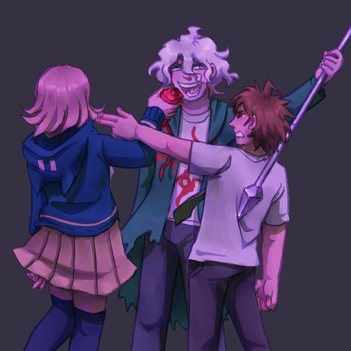 a drawing of hajime, chiaki, and nagito standing in a circle. hajime is pointing a 
		finger gun at chiaki with a pained expression, chiaki is holding the poisoned fire grenade to nagito's face, and
		nagito is pressing the spear into hajime's back.