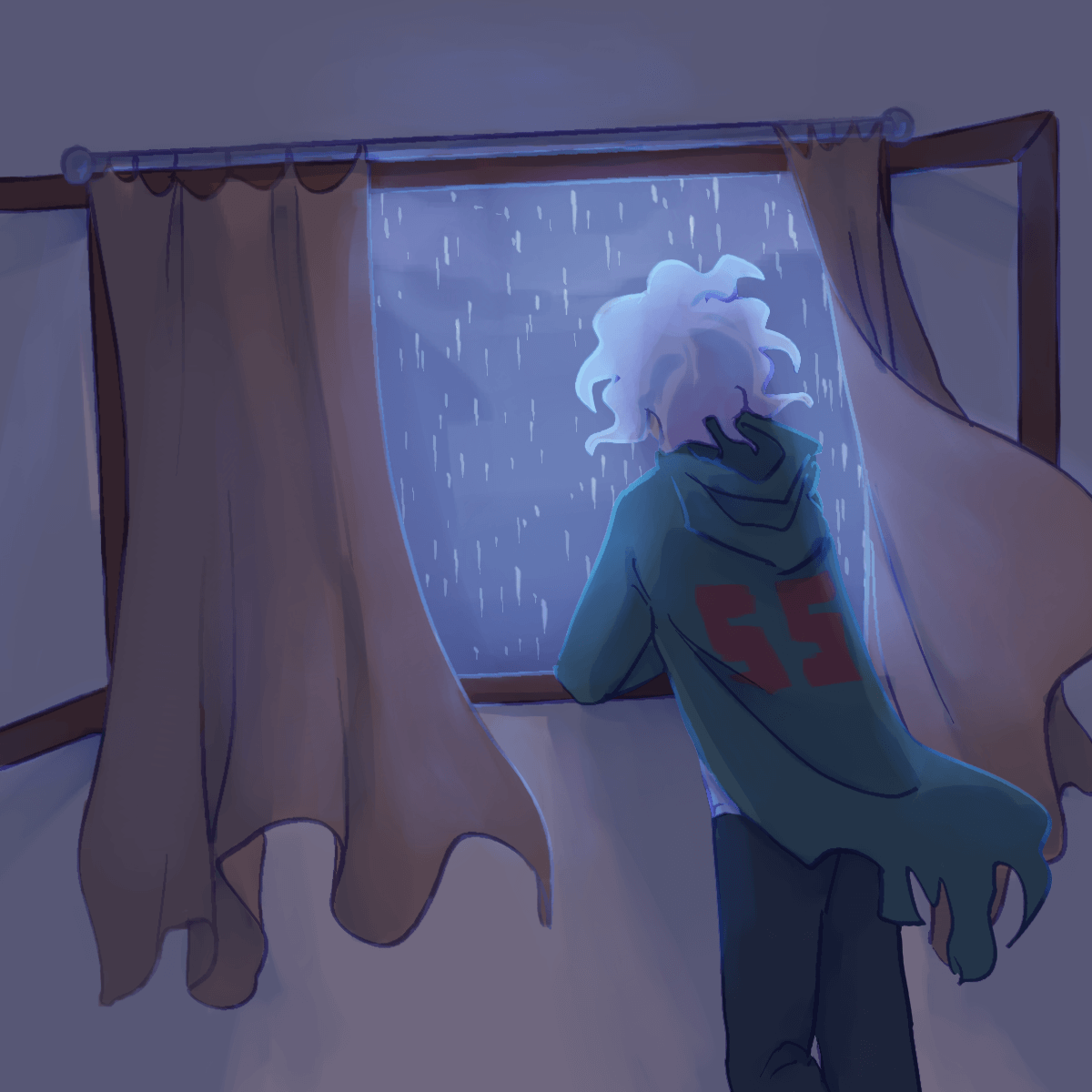 a drawing of nagito standing by a window and looking out into the rain. the curtains
		and his coat are swaying in the wind. the lighting is dim.