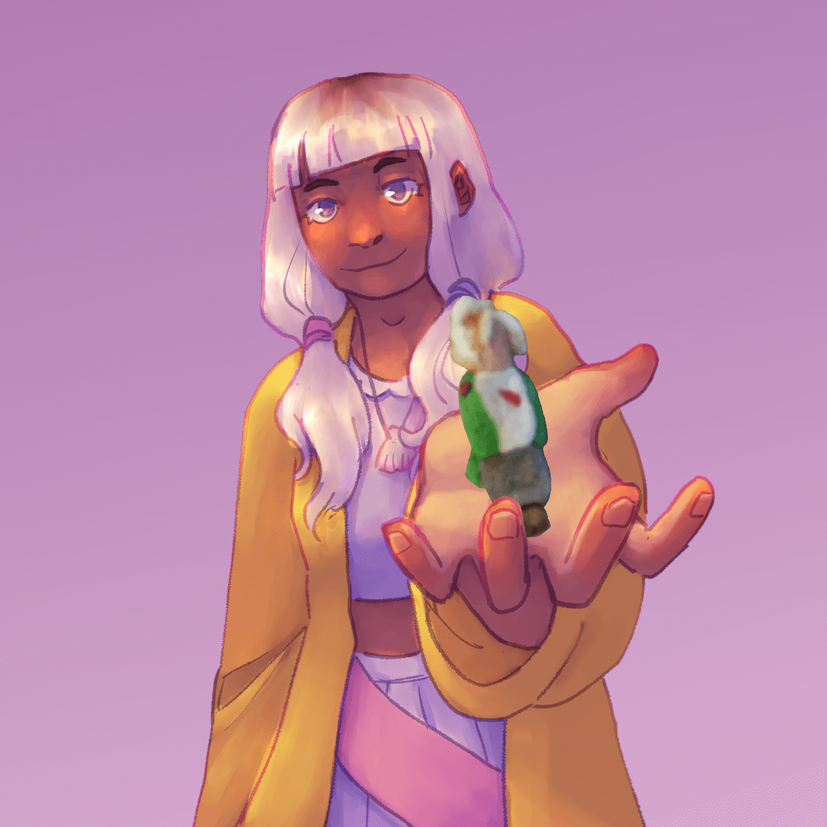 a drawing of angie looking directly at the viewer and holding a crude figure
		of nagito.