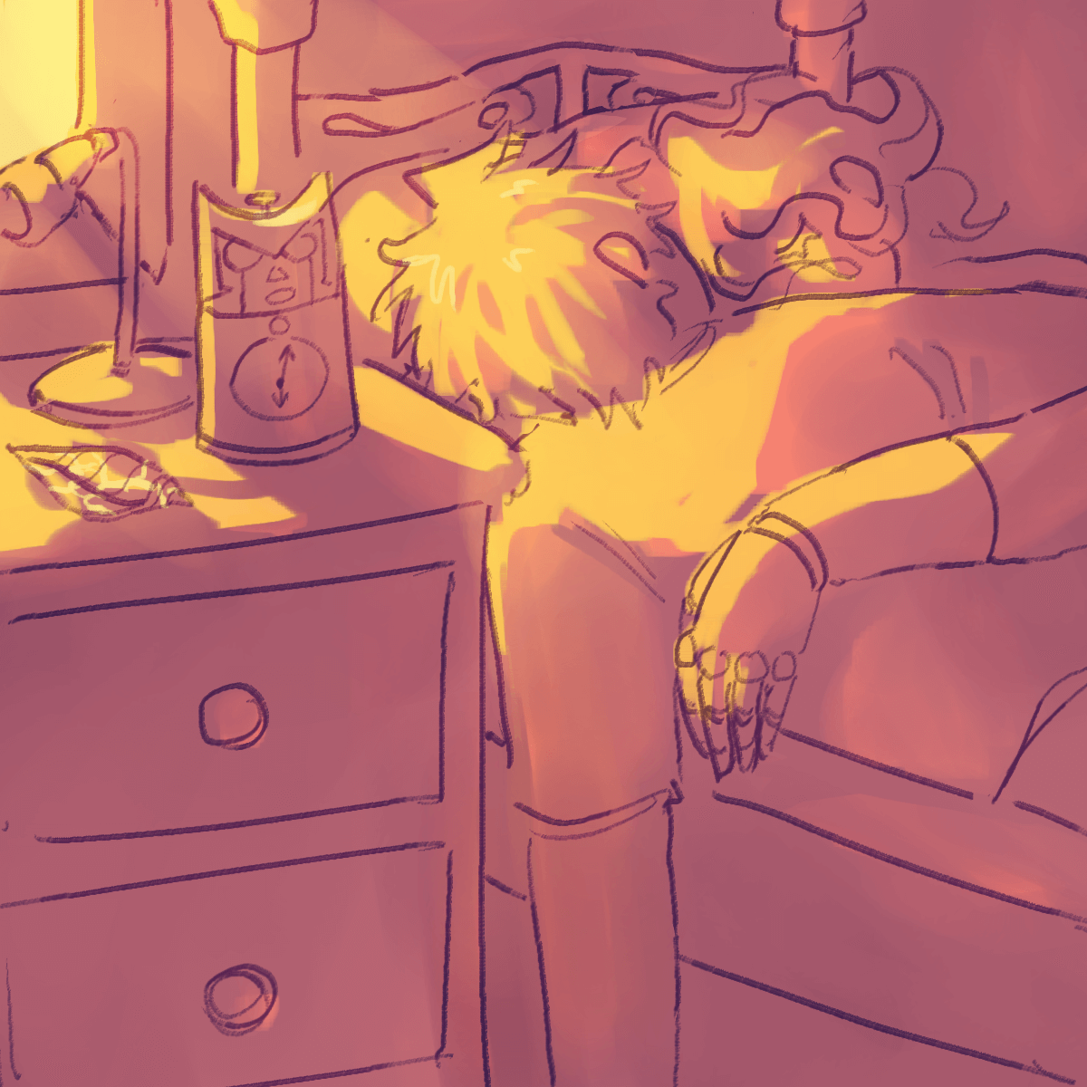 a drawing of nagito and hajime sleeping in bed. it is shaded but not colorized. soft
		golden sunlight streams in through the window. on the bedside table are a desk lamp, a minimaru clock, and a 
		kintsugi'd shell
