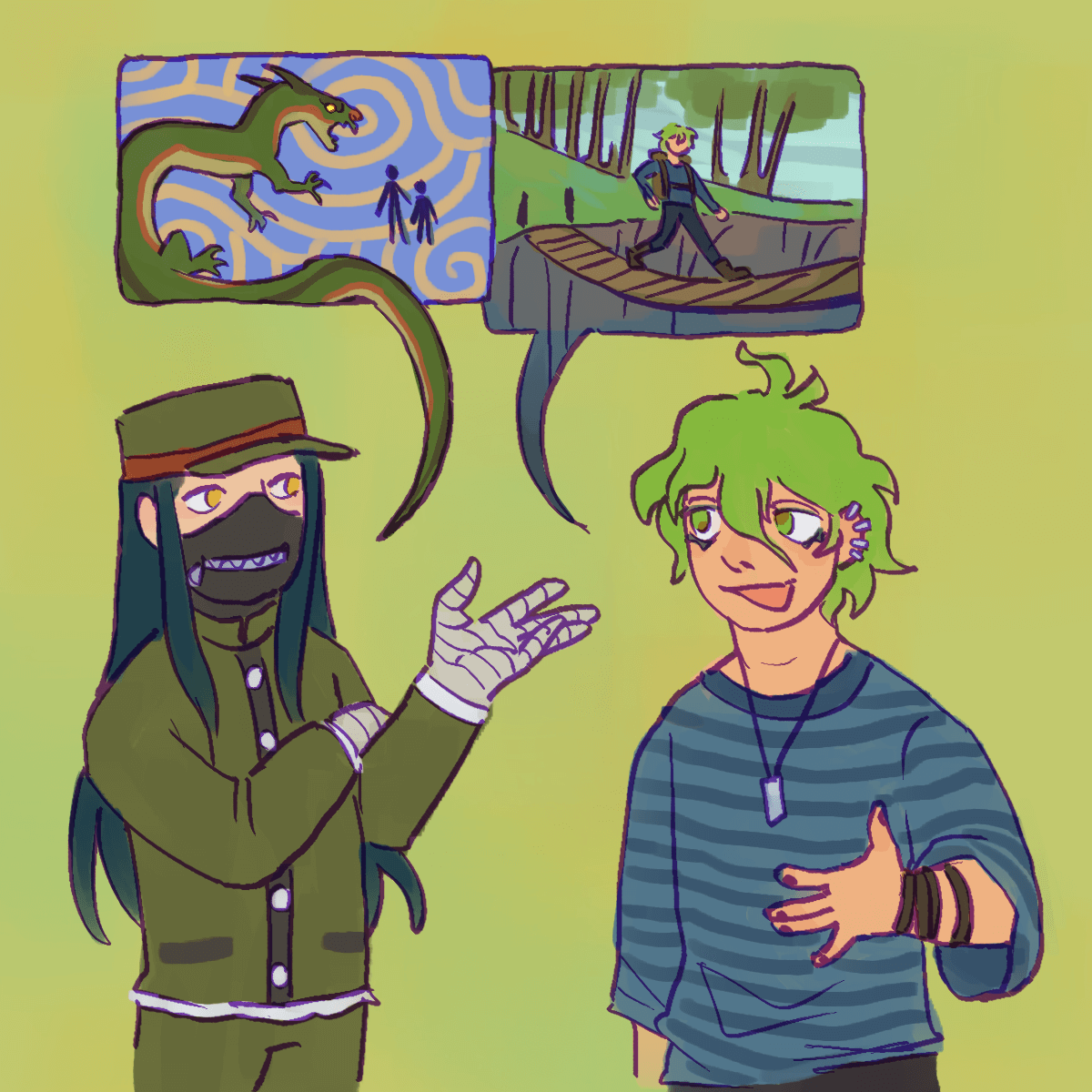 a drawing of korekiyo and rantaro talking. both of their speech bubbles are taken up
		by images. korekiyo's depicts a dragon and two humans on a patterned background. the dragon's tail serves as the 
		pointer of the speech bubble. rantaro's speech bubble shows him crossing a chasm on a narrow hanging bridge.