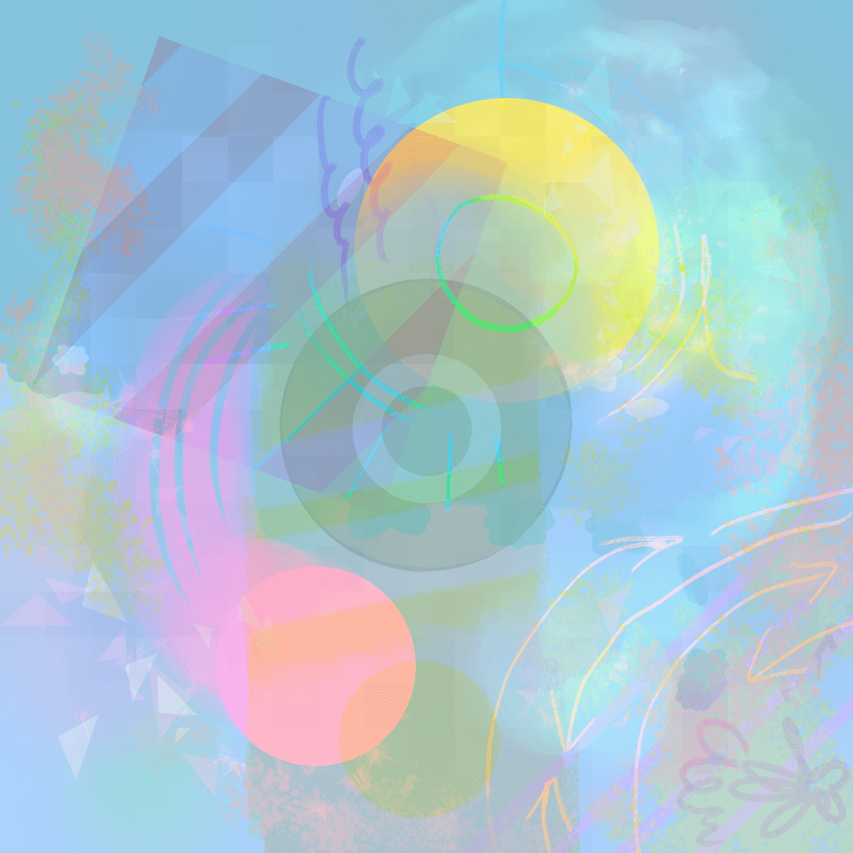 an abstract painting in pastel colors, mostly blue, but with yellow, red, and green accents as well. there are overlapping geometric shapes, mostly circles, as well as doodled lines.