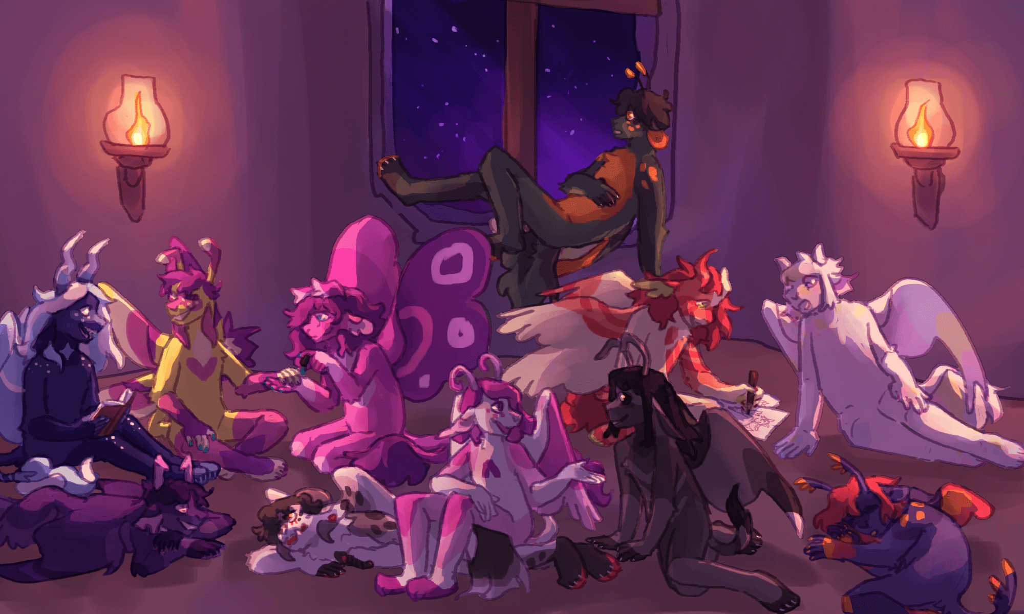 a drawing of many of my ocs of an unnamed furry species. they are all hanging out in a warm, dimly lit room at night. from left to right: stel, vivi, and cecily are sitting together and chatting while cecily paints vivi's claws. stel is dark blue with a pale mane and horns, vivi is yellow and purple, with insect wings and feelers, and cecily is pink and purple, with fuzzy feelers and butterfly shaped wings. enath and nem are lying on the floor and talking. enath is purple with hooked horns, and nem is white-gray-black with ram horns. lari has his legs swung over nem and is talking to lia. lari is white and pink with feathered wings and feelers, lia is dark gray and has black sclerae. in the background, phio is sitting on the windowsill and looking out. they are dark green and orange. tivv is drawing kal while they watch. tivv is white with orange patches and a red mane. kal is various pastelly colors with small horns and leathery wings. jaima is curled up and sleeping in a corner. he is dark blue with orange and red accents, and small wings.