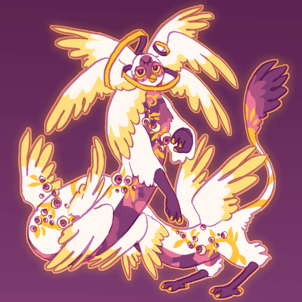 a drawing of a long furby with multiple sets of wings, several haloes, and many eyes spread across its body. it is white and magenta with golden patterns.