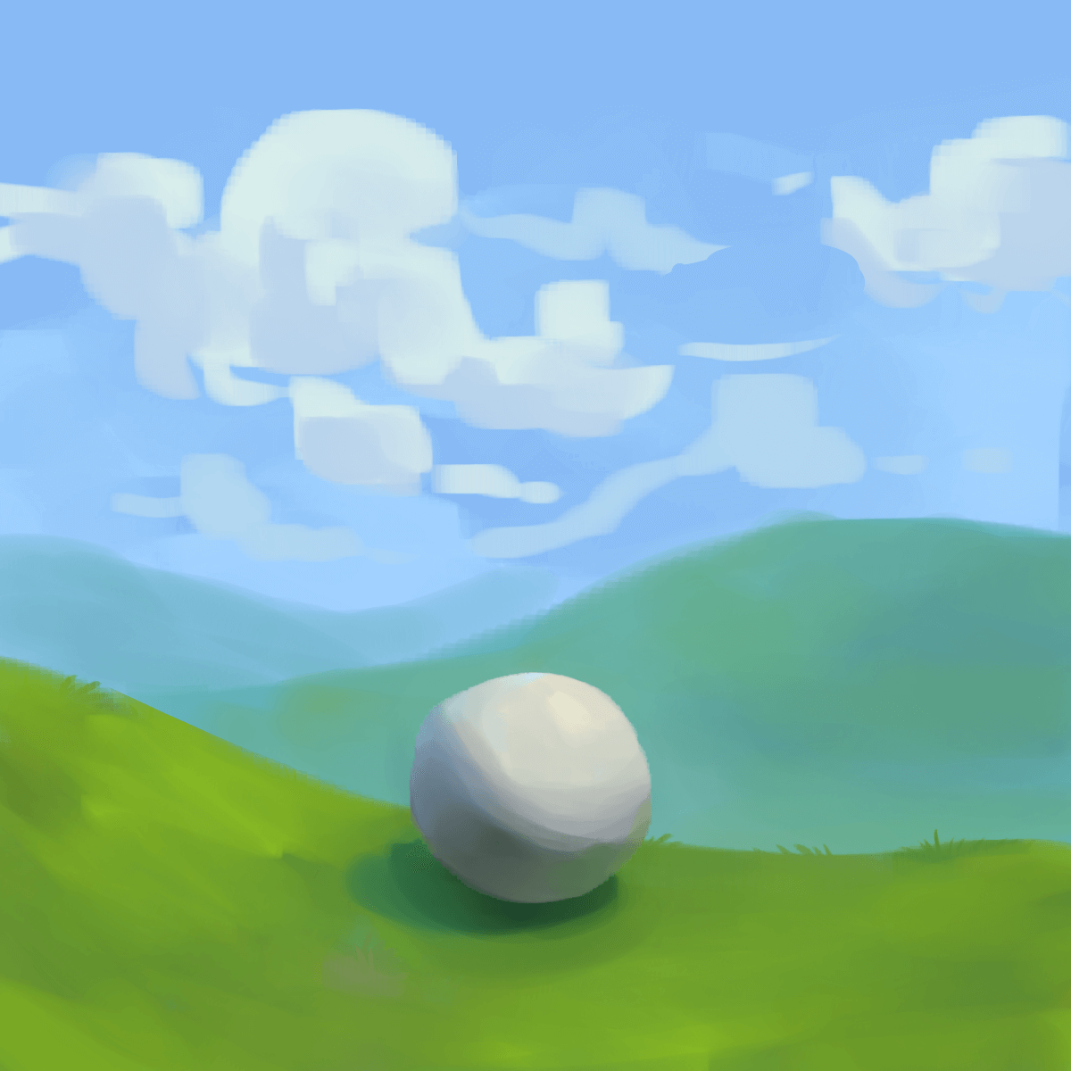 a painting of a white sphere sitting on a grassy mountainside. the sky is bright with a few clouds.