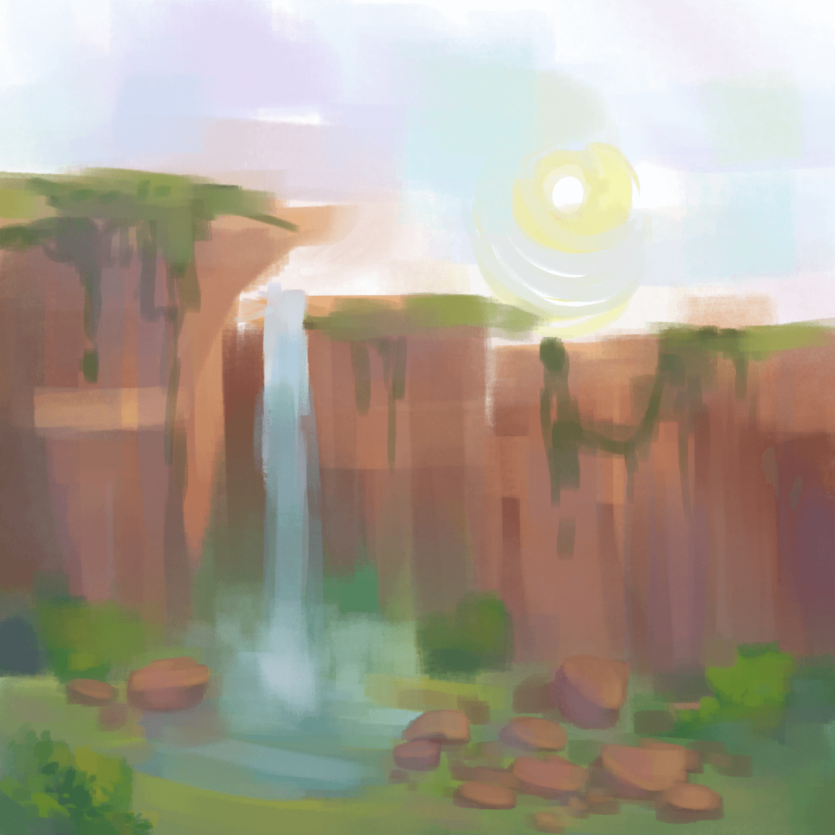 a loose, blocky painting of red cliffs with lush greenery and a waterfall.