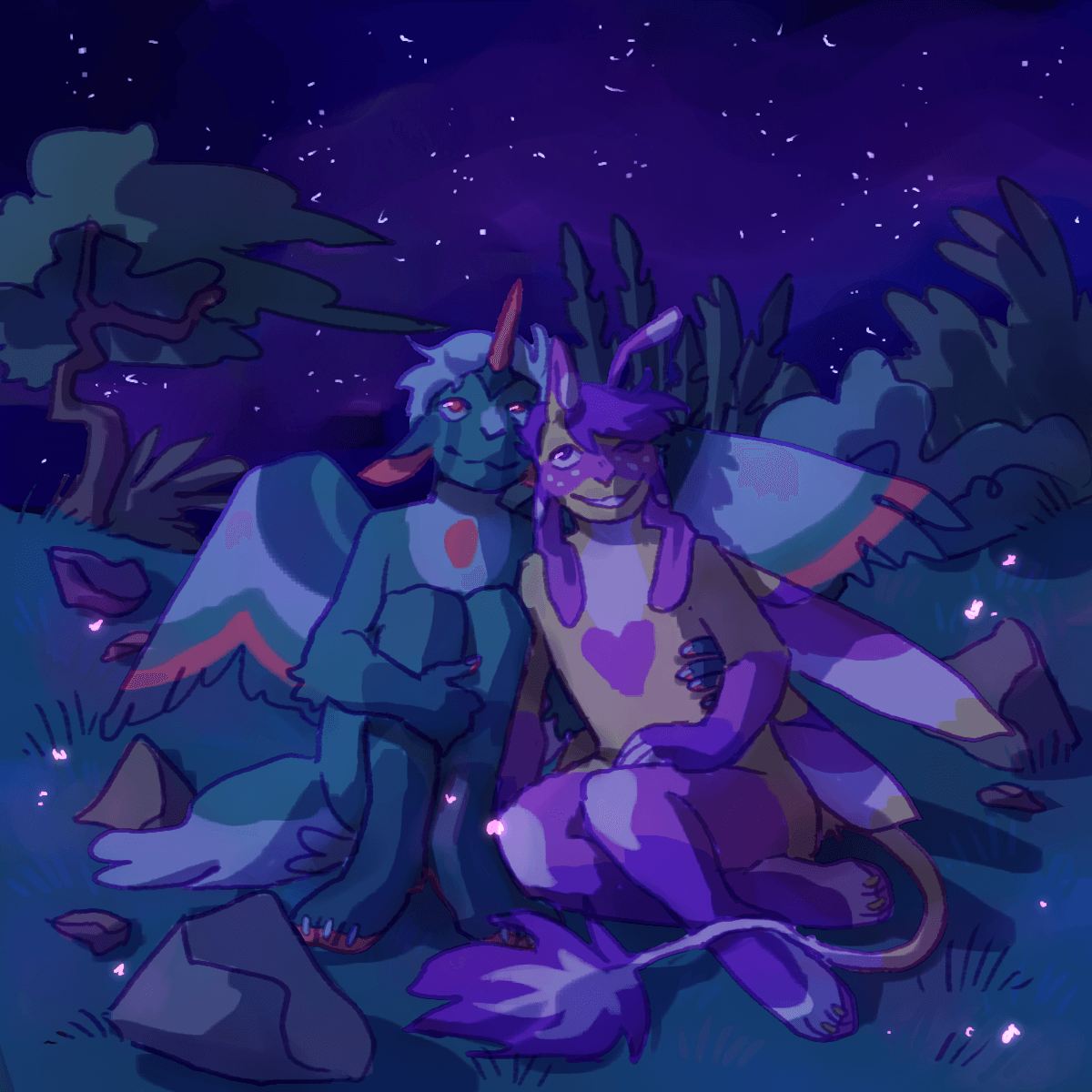 a drawing of meoni and vivi of my unnamed furry species. they are sitting together in a field at night and watching the stars. meoni is green with red accents, a single horn and feathery wings. vivi is yellowish with purple accents and hair, feelers and dragonfly wings, and a single eye.