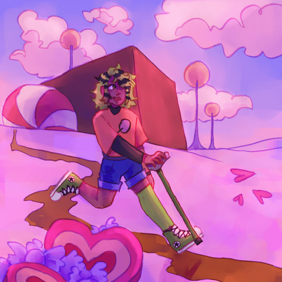 a drawing of a dark-skinned human with green hair and a cane walking through a candy-themed landscape.