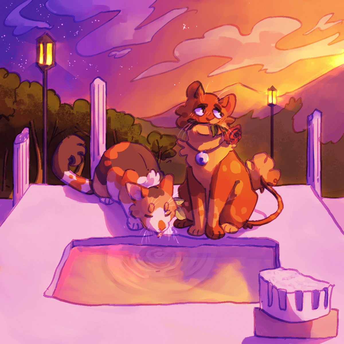 a drawing of two cats sitting in the sacred temple from cattails. the one on the left, a calico, is drinking out of the pool of water in the center. the one on the right, a brown spotted tabby, is holding a rose and looking shy. the image is toned in reds and purples, the sky in the background shows the sunset.