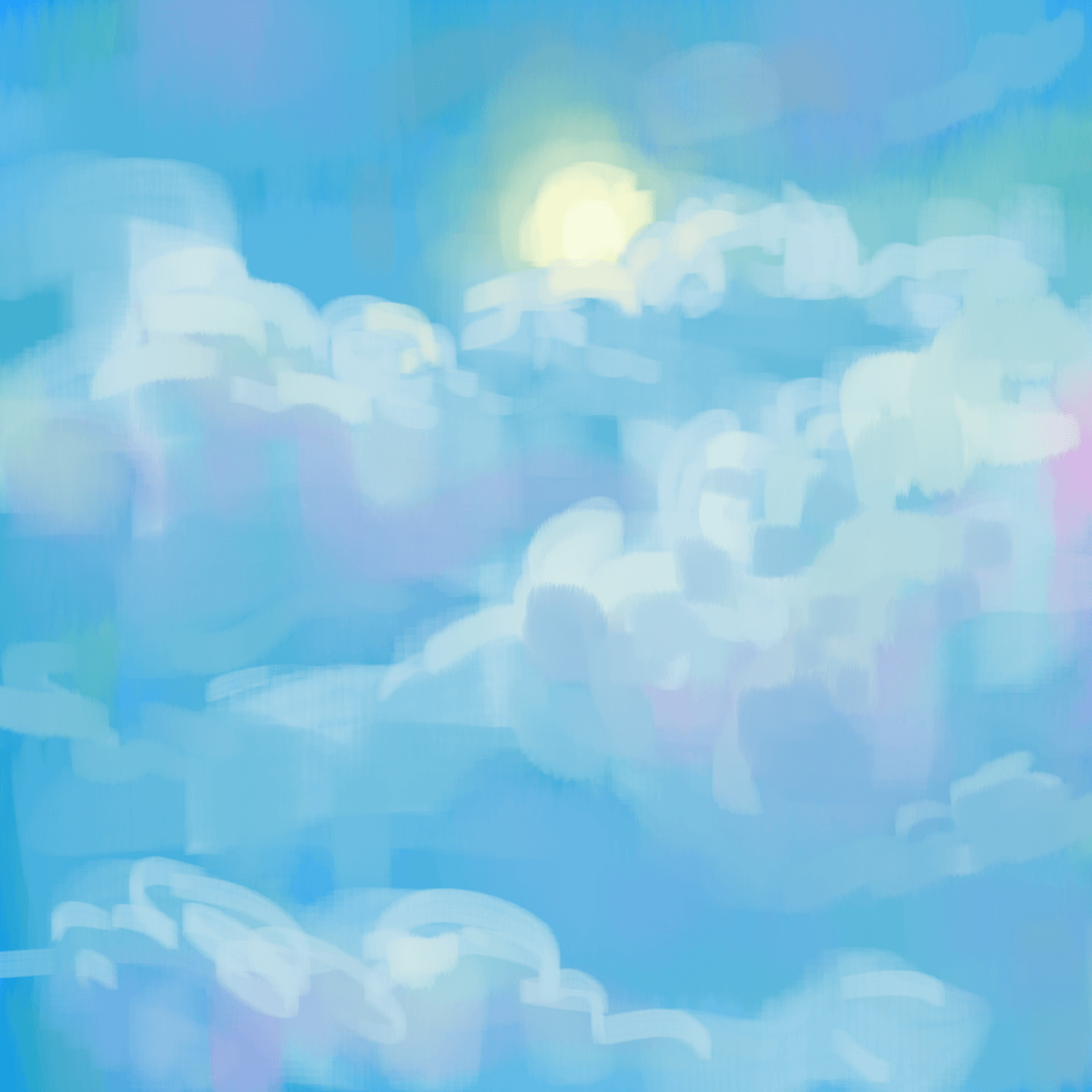 a painting of clouds and the sun in bright colors.